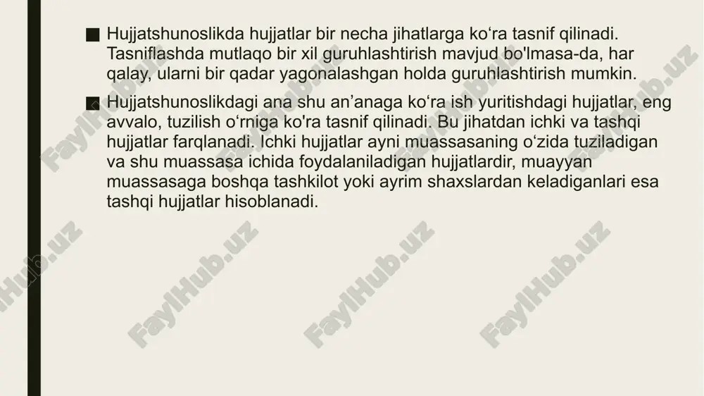 i, «qr» kod, elektron raqamli imzo va shu kabilar tomonidan tegishli tartibda tasdiqlangan taqdirdagina huquqiy kuchga ega bo‘ladi. asl nusxa yo‘qolgan hollarda hujjatning ikkinchi nusxasi beriladi, ikkinchi nusxa asl nusxa bilan bir xil huquqiy kuchga egadir. hujjatlaming tayyorlanish xususiyati va darajasi bo‘yicha turlari keyingi yillarda hujjatlaming elektron shakldagi nusxalarini 0‘zbekiston respublikasi qonun hujjatlari ma’lumotlari milliy bazasi - «lex.uz»ga joylashtirish amaliyoti shakllandi. unda o‘zbekiston respublikasi miqyosida amal qiladigan qonun, farmon, qaror, farmoyish, kodeks, nizom, yo'riqnoma, uslubiy ko'rsatma, dastur, buyruq, ro‘yxat, doktrina, deklaratsiya va yana boshqa ko‘plab nujjatlar elektron shaklda joylashtirilgan. mazkur tizimning joriy qilinishi aholining huquqiy ongini o'stirish bilan birga, istalgan joyda kerakli hujjat namunalari bilan tanishish imkonini bermoqda. hujjatlaming tayyorlanish xususiyati va darajasi bo‘yicha turlari keyingi yillarda hujjatlaming elektron shakldagi nusxalarini 0‘zbekiston respublikasi qonun hujjatlari ma’lumotlari milliy bazasi - «lex.uz»ga joylashtirish amaliyoti shakllandi. unda o‘zbekiston respublikasi miqyosida amal qiladigan qonun, farmon, qaror, farmoyish, kodeks, nizom, yo'riqnoma, uslubiy ko'rsatma, dastur, buyruq, …