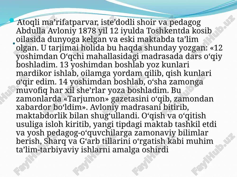 ini sezur. . . avloniy 1878-yil 12-iyulda toshkent shahrining mergancha mahallasida tavallud topgan. ijodkor o’zbek xalqining san’ati va adabiyoti hamda milliy madaniyatini, xalq ta’limi ishlarini yo’lga qo’yishda kata xizmatlar qilgan adib, jamoat arbobi va iste’dodli pedgogdir. u birinchilardan bo’lib o’zbek teatrini professional teatrga aylantirdi, matbuot, maorif sohasi rivojiga hissa qo’shdi. u turkistonda ma’naviy-ma’rifiy ishlarni amalga oshirgan jadidlar harakatining ko’zga ko’ringan vakillaridan biri bo’lib hisoblanadi. avloniyning mehnati yuksak qadrlanib unga o’zbek madaniyati va adabiyotini yuksaltirishda, xodimlar tayyorlashda uzoq yillik mehnati uchun 1925-yilda “mehnat qahramoni” unvoni, 1930-yilda “o’zbekiston maorifi zarbdori” unvoni berilgan. shuningdek, adib milliy ta’lim-tarbiya tizimini yaratishga beqiyos hissa qo’shganligi uchun 2020-yil 30-sentyabr sanasida “buyuk xizmatlari uchun” ordeni bilan taqdirlandi . agar bir kishi yoshligida nafsi buzulib, tarbiyasiz, axloqsiz bo’lib o’sdimi, bunday kishilardan yaxshilik kutmoq, yerdan turib yulduzlarga qo’l uzatmak kabidir”3 ,-deydi. uning fikricha, bolalarda axloqiy xislatlarning tarkibi to’g’risida ijtimoiy muhit, oilaviy sharoit va bolalarning atrofidagi kishilar ahamiyatga ega. o’zbek pedagogikasi …
