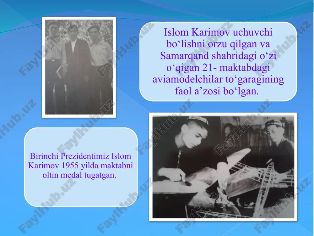 a yotibdi. shu muqaddas zamin seni dunyoga keltirgan, sen uni obod etishing, himoya qilishing shart. nafaqat sening o‘z hayoting, balki senga umid ko‘zini tikib turgan ota-onang, opa-singillaring, yosh go‘daklar, nuroniy qariyalarimizning hayoti ham ana shu burchingni nechog‘liq ado etishingga bog‘liq. islom karimov o‘zbekiston respublikasi prezidenti shavkat mirziyoev ta’kidlaganidek, xalqimizning cheksiz muhabbatini qozongan, mustaqil mamlakatimizning birinchi prezidenti islom abdug‘anievich karimov qalblarimizda abadiy qoladi va kelajak avlodlar xotirasida tinchlik, barqarorlik, farovonlik va taraqqiyot rahnamosi, buyuk davlat arbobi sifatida mangu yashaydi image3.jpeg image4.jpeg image5.png image6.png image7.png image8.png image9.jpeg image10.png image11.png image12.png image13.png image14.jpeg image15.jpeg image16.png image17.png image18.png image19.png image20.png image21.png image22.png image23.png image24.png image25.png image26.png image2.png /docprops/thumbnail.jpeg