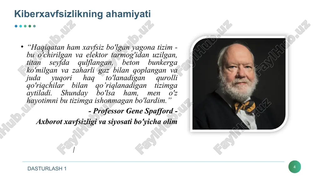 turiy ta'minotlarni ishlab chiqish va foydalanish jarayoniga e'tibor qaratadi. dasturlash 1 kiberxavfsizlikning bilim sohalari * “tashkil etuvchilar xavfsizligi” bilim sohasi katta tizimlarda integrallashgan tashkil etuvchilarni loyihalash, sotib olish, testlash, analiz qilish va texnik xizmat ko'rsatishga e'tibor qaratadi. tizim xavfsizligi tashkil etuvchilar xavfsizligidan farq qiladi. tashkil etuvchilar xavfsizligi ular qanday loyihalanganligi, yaratilganligi, sotib olinganligi, boshqa tarkibiy qismlarga ulanganligi, qanday ishlatilganligi va saqlanganligiga bog'liq. “aloqa xavfsizligi” bilim sohasi tashkil etuvchilar o'rtasidagi aloqani himoyalashga etibor qaratib, o'zida fizik va mantiqiy ulanishni birlashtiradi. dasturlash 1 kiberxavfsizlikning bilim sohalari * “tizim xavfsizligi” bilim sohasi tashkil etuvchilar, ulanishlar va dasturiy ta'minotdan iborat bo'lgan tizim xavfsizligining aspektlariga e'tibor qaratadi. tizim xavfsizligini tushunish uchun nafaqat, uning tarkibiy qismlari va ulanishini tushunishni, balki butunlikni hisobga olishni talab qiladi. “inson xavfsizligi” bilim sohasi kiberxavfsizlik bilan bog'liq inson hatti harakatlarini o'rganishdan tashqari, tashkilotlar (masalan, xodim) va shaxsiy hayot sharoitida shaxsiy ma'lumotlarni va shaxsiy hayotni himoya qilishga e'tibor qaratadi. dasturlash 1 kiberxavfsizlikning …