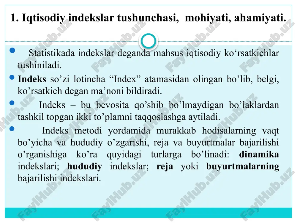 antsiya) 1738 karli (italiya) 1764 laspeyrs (germaniya) 1871 paashe (germaniya) 1874 fisher (germaniya) edjours (germaniya) dyuto va karli formulalarida har xil turdagi mahsulotlarning hajmini qo'shib bo'lmagani kabi ularning baholarini ham oddiy qo'shish iqtisodiy ko'rsatkichlar mazmunini inkor qilar edi. laspeyrs baholar o'zgarishini tovarlarning ma'lum massasiga nisbatan ta'riflash kerak degan taklifni kiritdi va shu bilan u baho indeksi misolida agregat indekslariga asos soldi. ammo uning firkricha, tovarlar massasi bazasi davr holatida olinishi lozim edi. paashe esa ularni joriy davr holatida olish zarurligini aniqlab berdi. hozirgi paytda umumiy baho indekslarini shunday agregat shaklida hisoblash qabul qilingan. turli xildagi mahsulot bo'yicha agregat indekslar 1. miqdor indeksi 2. baho indeksi 3. tannarx indeksi 4. vaqt sarfi indeksi 5. xarajat indeksi 6. tovar oborot, qiymat indeksi agregat indekslar turli xildagi unsurlardan tuzilgan murakkab iqtisodiy hodisalarning o'rganilayotgan davrlar ichida o'rtacha o'zgarishni ta'riflaydi. amaliyotda asosan quyidagi ko'rinishdagi agregat indekslar qo'llaniladi. (3-jadval). bu erda: iq – mahsulot miqdorining umumiy …