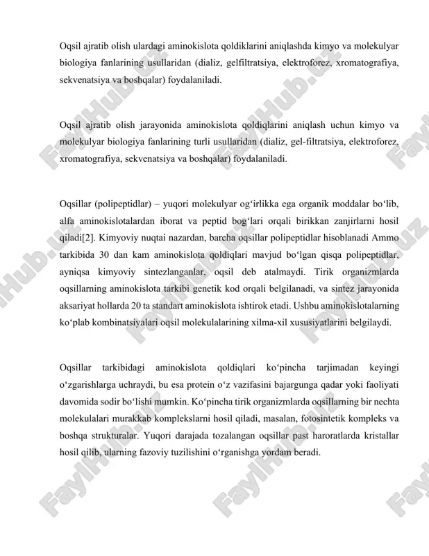 tlarini belgilaydi. oqsillar tarkibidagi aminokislota qoldiqlari koʻpincha tarjimadan keyingi oʻzgarishlarga uchraydi, bu esa protein oʻz vazifasini bajargunga qadar yoki faoliyati davomida sodir boʻlishi mumkin. koʻpincha tirik organizmlarda oqsillarning bir nechta molekulalari murakkab komplekslarni hosil qiladi, masalan, fotosintetik kompleks va boshqa strukturalar. yuqori darajada tozalangan oqsillar past haroratlarda kristallar hosil qilib, ularning fazoviy tuzilishini oʻrganishga yordam beradi. tirik organizmlarning hujayralaridagi oqsillarning vazifalari va funksiyalari boshqa biopolimerlar – masalan, polisaxaridlar va deoksiribonuklein kislotasi (dnk) funktsiyalaridan ancha xilma-xildir. oqsillar immunitet tizimida muhim rol oʻynaydi, transport vazifasini bajaradi (masalan, gemoglobin qon orqali gazlarni tashiydi, albumin esa yogʻlarni tashiydi), saqlash (masalan, kazein sutda mavjud). dnk polimeraza va rnk polimeraza matritsa reaktsiyalarida ishtirok etadi, strukturaviy vazifani bajaradi (masalan, soch va tirnoqlardagi keratin, biriktiruvchi toʻqimalardagi kollagen va elastin, mikrotubulalar hosil qiluvchi tubulin), signalizatsiya tizimlarida retseptor vazifasini bajaradi (masalan, rodopsin yorugʻlik taʼsirida nerv impulsi shakllanishiga hissa qoʻshadi). bundan tashqari, oqsillar energiya manbai yoki zaharli moddalar sifatida ham vazifalarni …