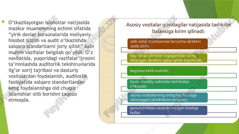ivlarga nisbatan qo’llaniladi, masalan, ias 16 “ko’chmas mulk, binolar va jihozlar”, ias 38-“nomoddiy aktivlar”. xulosa qilib aytadiga bo’lsak aktivlar qadrsizlanishi bu korxona aktivlariga salbiy tasir qilishi va korxona aktivlarining kamayishiga olib keladi. ularni o’z vaqtida aniqlab buxgalteriya hisobida to’g’ri aks ettirish maqsadga muvofiq bo’lib hisoblanadi. savollar: aktivlarning qadrsizlanishi deganda nima tushuniladi va u qanday holatlarda yuzaga keladi? aktivlarni qadrsizlanishini aniqlashda qanday buxgalteriya tamoyillari va me’yoriy hujjatlarga amal qilinadi? qadrsizlanish summasi qanday hisoblab chiqiladi va buxgalteriya hisobotida qaysi moddalarda aks ettiriladi? aktivlarni qadrsizlanishi moliyaviy hisobotga qanday ta’sir ko‘rsatadi va foyda (zarar) ko‘rsatkichlarida qanday o‘zgarishlar yuz beradi? qadrsizlangan aktiv keyingi davrda o‘z qiymatini tiklasa, bu holat buxgalteriya hisobotida qanday tartibda aks ettiriladi? 1. aktivlarning qadrsizlanishi deganda nimani tushunasiz? a) aktivlarning eskirishi natijasida qiymatining kamayishi b) aktivlarning foydali qiymati tiklanmas darajada kamayishi c) aktivning bozor qiymatining oshishi d) aktivning amortizatsiyasi tugashi 2. qadrsizlanishni aniqlashda qaysi qiymat solishtiriladi? a) bozor qiymati va tarixiy qiymat …
