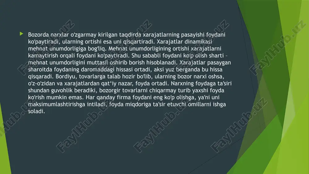 i uchun narx pasayib foyda kam olinadigan sohalardan chiqib talab oshgan serfoyda sohalarga doimo koʻchib turadi. bu bilan kerakli tovarlar va xizmatlar yaratiladi, iqtisodiyot oʻsadi. foydaning koʻp boʻlishi mamlakat iqtisodiy salohiyatini va farovongini oshirishga xizmat qiladi. "zarar va boshqa umumlashgan daromad to'g'risidagi hisobot" bu moliyaviy hisobot bo'lib, unda kompaniyaning ma'lum bir davrdagi umumiy daromadlari, xarajatlari va zararlari keltiriladi. ushbu hisobot shuningdek, boshqa umumlashgan daromadlarni o'z ichiga oladi, bu esa asosiy faoliyatdan tashqari yuzaga kelgan daromadlar va zararlarni o'z ichiga oladi. hisobot tarkibiga kiradi: daromadlar: sotishdan tushgan daromad, foiz daromadlari va boshqa asosiy faoliyat daromadlari. xarajatlar: sotishdan tushgan daromadlardan chegirilgan xarajatlar, ma'muriy xarajatlar va boshqa operatsion xarajatlar. sof zarar yoki foyda: daromadlar va xarajatlar o'rtasidagi farq. agar xarajatlar daromadlardan ko'proq bo'lsa, sof zarar yuzaga keladi. agar daromadlar xarajatlardan ko'proq bo'lsa, sof foyda hisoblanadi. boshqa umumlashgan daromadlar: bu daromadlar asosiy faoliyatdan tashqari yuzaga keladi va quyidagilarni o'z ichiga olishi mumkin: valyuta kurslarining …