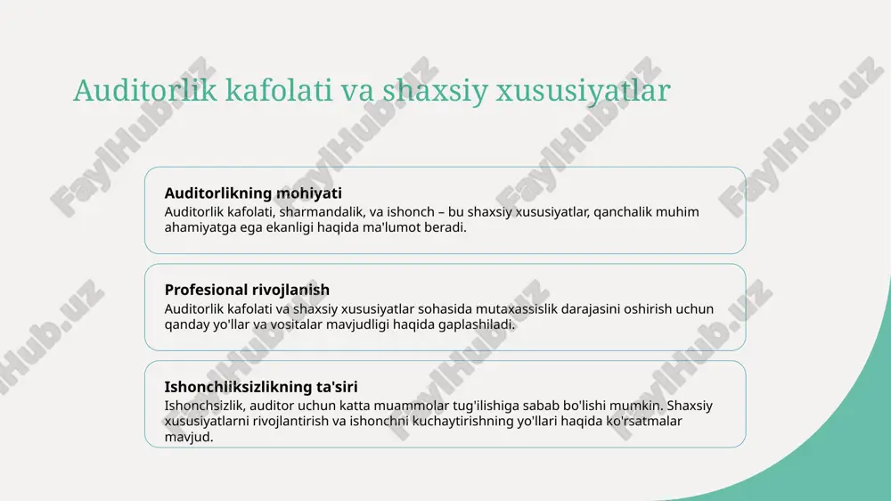 mos kelishini tekshirish uchun monitoring jarayonlari amalga oshiriladi. kandidatlar muloqotlar va sinovlardan o'tkaziladigan keyingi bosqichda, ularning sifatini va yaratilgan natijalarni inspeksiya qilish uchun tadbirlar olib boriladi. shu bilan birga, ularning qabul qilinishi yoki rad etilishi qarorlarini olish. monitoring jarayonlari natijalariga e'tibor qaratish, ularni tahlil qilish va organizatsiyaga foydali ma'lumotlarni taqdim etishning o'rniga keladi. bu, tanlov va tanlov jarayonini mustahkamlashga yordam beradi. auditorlik tanlovda intervyu tayyorlash prinsiplari intervyu protsessi intervyuni tayyorlash intervyu natijalarni baholash auditoryok tanlovda intervyu jarayoni, so'rovlar tayyorlash, va talabalar bilan muloqot olib borishning asosiy qadriyatlarini o'z ichiga oladi. intervyuni tayyorlashda, audiotlar qanday savollar berishadi va talabalarning yeteneklarini sinovdan o'tkazish uchun qanday mashqlar amalga oshirilishi kerakligi haqida. auditoryok tanlovda, intervyu natijalarini tahlil qilish va talabalarning qobiliyatlarini tekshirish uchun qanday kriteriyalar va baholash tizimlari ishlatiladi. auditorlik tanlov jarayonidagi risklar tanlov jarayonining tashqi faktorlari xodimlarning bo'sh ish o'rinlari bilan bog'liq risklar tanlovda subjektivizm va biasning o'ziga xos risklari auditorlik tanlov jarayonida …