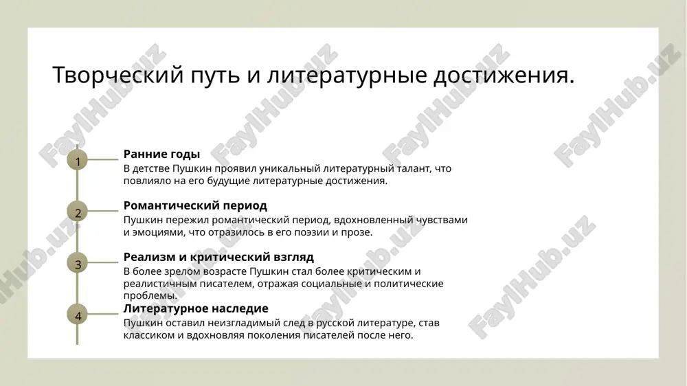 literaturnimi traditsiyami rossii i uzbekistana cherez proizvedeniya pushkina i uzbekskix avtorov, podcherkivaya vzaimnoe obogashenie. zaklyucheniya osnovnie temi kulturniy obmen zaklyuchenie prezentatsiya issledovala raznoobraznie temi v poezii pushkina, ot lyubvi i prirodi do istoricheskix i filosofskix voprosov. izuchenie vliyaniya pushkina na uzbekskuyu literaturu pokazalo tsennost kulturnogo obmena i vzaimnogo vliyaniya literaturnix traditsiy. v zaklyuchenii, mi vidim, chto tvorchestvo pushkina prodoljaet vdoxnovlyat i uzbekskix pisateley, podcherkivaya vajnost literaturnogo naslediya i kulturnix svyazey. spasibo!