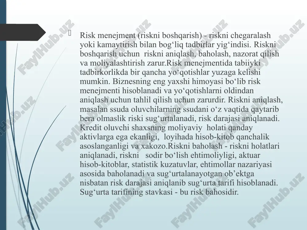 iy va maxsus risklar bo‘lishi mumkin. risklar paydo bo‘lish sabablariga ko‘ra tabiiy, ekologik, siyosiy, transport va tijorat risklariga bo‘linadi. zilzila, suv toshqini, bo‘ron, chaqmoq urishi, yong‘in va har xil yuqumli kasalliklar tabiiy risklar hisoblanadi. atrof-muhitni ifloslanishi bilan bog‘liq risklar ekologiya risklari hisoblanadi. siyosiy risklar bevosita hukumat tomonidan urush holatlarini e’lon qilinishi, harbiy harakatlar, fuqarolar g‘alayonlari, ish tashlashlar, davlat tuzumining o‘zgarishi, qonunchilik hujjatlarining o‘zgarishi ehtimollarini o‘z ichiga oladi. tijorat risklari xo‘jalik yurituvchi sub’etlarning moliyaviy-xo‘jalik faoliyatni amalga oshirish jarayonida yuzaga kelishi bilan faraqlanadi. investitsion loyihalarni amalga oshirishda kredit riski, operatsiya riski, huquqiy risk, mamlakat riski, transfert riski, bozor riski, foiz riski, likvidlilik riski, reputatsiya riski, siyosiy risklar, tadbirkorlik risklari yuzaga keladi. moliyaviy risklarni uch toifaga bo‘lishimiz mumkin: yo‘l qo‘yilishi mumkin bo‘lgan risklar. bunday risklar olinuvchi foydaning to‘liq yoki qisman yo‘qotilishiga xavf solishi mumkin; kritik risklar. bunday risklar u yoki bu moliyaviy loyihani oshirish bilan bog‘liq ishlab chiqarish xarajatlari meyorida zarar yuz berishiga …