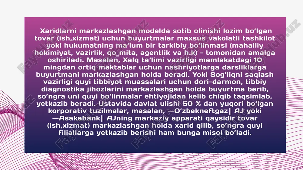 araqqiyot va kambagʼallikni qisqartirish vazirligi huzuridagi «loyihalar va import kontraktlarini kompleks ekspertiza qilish markazi» davlat unitar korxonasiga yuboriladi. xarid boʼyicha eʼlon faqat davlat xaridiga doir texnik topshiriq boʼyicha kompleks ekspertiza qilish markazining ijobiy xulosasi olinganidan keyin joylashtiriladi aralash model xaridlarni aralash modelda amalga oshirishning qator afzalliklari mavjud. masalan: vazirlik yoki yuqori turuvchi organlar tomonidan tashkil etilgan maxsus komissiya tarkibidagi yuqori malakali mutaxassislar sotib olinayotgan tovar (ish,xizmat)ning sifati, yaroqligi yoki yetkazib beruvchining ishonchliligini o’rganib, so’ngra buyurtma beradilar; aralash modelda mablag’larni samarasiz va noqonuniy sarflashning oldi olinadi; xarid qilinayotgan tovar (ish,xizmat)lar bo’yicha joriy nazoratni am alga oshirilish ta‘minlanadi va h.k. aralash modelning afzalliklari bilan bir qatorda kamchiliklari ham mavjud. masalan: aralash modelda mas‘ul yoki ixtisoslashgan tashkilotdan ruxsat olish muddati ba‘zan cho’zilishi oqibatida xarid qilish kechikishi mumkin; ushbu modelda buyurtmachi, ixtisoslashgan tashkilot va maxsus axborot portal operatorlari o’rtasida electron hujjat aylanish yo’lga qo’yilgani bois, ba‘zan uzoq tumanlarda elektr ta‘minoti, dasturdagi texnik va internet …