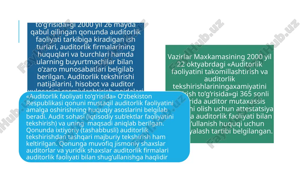 o’rta yirik xodimlar soni bo’yicha 14 10 nafargacha 10 nafardan 50 nafargacha 50 nafardan ortiq bir yilda xizmatni bajarishdan tushgan daromad hajmi, eng kam mehnat haqi hisobida 15 5000 baravar 5000 baravaridan 50000 baravarigacha 50000 baravaridan ortiq 16 hozirgi vaqtda respublikada kichik va o’rta auditorlik firmalari tashkil etilmoqda. mamlakatimizda audit tashkilotlari rivojlanishi bilan ular uyushmalarga, ittifoqlarga va boshqalarga birlashadi. bunday birlashmalarning maqsadi auditorlik faoliyatini taqsimlashdir. adabiyotlar ro’yxati o’zbekiston respublikasi konstitutsiyasi.t.: o’zbekiston, 1992 yil 8 dekabr. 2. o’zbekiston respublikasi fuqarolik kodeksi. o’zbekiston respublikasi oliy majlisining 29.08.96 yil. 257 1son qaroriga muvofiq tasdiqlangan. 1997 yilning 1 martidan kuchga kiritilgan. 3. o’zbekiston respublikasi jinoyat kodeksi.22.09.1994 yil o’zbekiston respublikasi oliy majlisining №120/12 son qaror bilan tasdiqlangan (01.04.1995 yil kuchga kirgan) 4. o’zbekiston respublikasi soliq kodeksi 24.04.1997 o’zbekiston respublikasi oliy majlisining ¹3961son qaror bilan tasdiqlangan. 5. o’zbekiston respublikasi «buxgalteriya hisobito’g’risida»gi qonuni. 1996 yil 30 avgust. 6. o’zbekiston respublikasi «auditorlik faoliyati to’g’risida»gi qonuni. 2000 yil 26 …