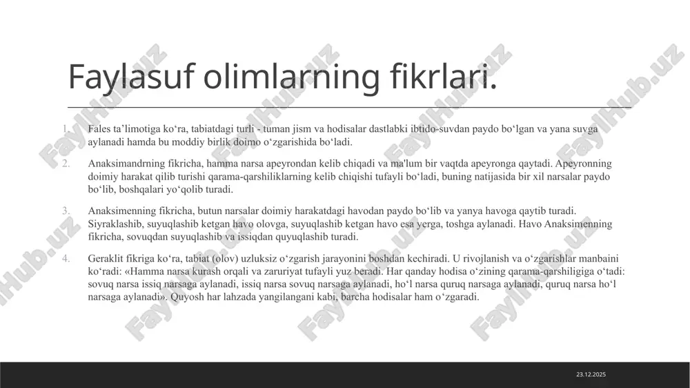 , mexanika, fizika va fiziologiyaning rivojlanishiga ulkan hissa qo‘shdi. ijtimoiy fanlarda tabiiy huquq nazariyasi ishlab chiqildi (angliyada t.gobbs, gollandiyada g.grotsiy). fanning bunday rivojlanishi o‘z davrining falsafasiga ham ta’sir ko‘rsatmay qolmadi. falsafada sxolastika va dindan uzil-kesil ajralish yuz berdi: diniy aqidalarning hukmronligiga, cherkovning ta’siri va tazyiqiga qarshi kurashda aqlning har narsaga qodirligi va ilmiy tadqiqotning cheksiz imkoniyatlari haqidagi ta’limot vujudga keldi. yangi davr falsafasiga avvalo tabiatshunoslikdan kelib chiqadigan kuchli materialistik tendentsiya xos. xvii asrda yevropaning yirik faylasuflari qatoriga f.bekon, t.gobbs va j.lokk (angliya), r.dekart (fransiya), b.spinoza (gollandiya), g.leybnits (germaniya) kiradi. 18.10.2025 image1.jpeg image2.png image3.png image4.png /docprops/thumbnail.jpeg