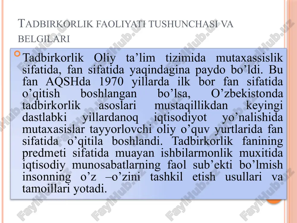 a) olishdan iborat. b) tavakkalchilik bilan faoliyat yuritish tadbirkorga xos xususiyatdir. c) tavakkalchilikning yana bir ko’rinishi—tadbirkor o’z faoliyatining natijalari va zimmasiga olgan majburiyatlari yuzasidan shaxsan o’zi javobgar bo’lishidan iborat. fuqarolik kodeksining 25- moddasiga m uvof iq tadbirkorlik faoliyatini amalga oshiruvchi fuqaro o’z majburiyatlari yuzasidan o’ziga tegishli butun mol-mulki bilan javob beradi. fuqarolik kodeksning 48- moddasiga muvofiq tadbirkorlik bilan shug’ullanuvchi korxona (yuridik shaxs) ham o’z majburiyatlari yuzasidan o’ziga tegishli butun mol-mulki bilan javob beradi. tadbirkorlik huquqining asosiy tamoyillari qonun bilan taqiqlanmagan har qanday faoliyatni amalga oshirishda o’ziga tegishli mol-mulkdan o’z xohishi va manfaatlarini ko’zlab foydalanishi uchun tadbirkorga berilgan erkinlik tadbirkorlik huquqining asosiy tamoyillaridandir. umumiy tamoyilga binoan tadbirkorlar ishlab chiqarish va xo’jalik faoliyatlarining har xil turdan iborat bo’lishidan va ularning tashkil topishi turli shakldagi mulkchilikka asoslangan bo’lishidan qat’i nazar, ularning huquqlari va qonuniy manfaatlarining himoya qilinishiga kafolat beriladi. umumiy tamoyilga binoan tadbirkorlar ishlab chiqarish va xo’jalik faoliyatlarining har xil turdan iborat bo’lishidan …
