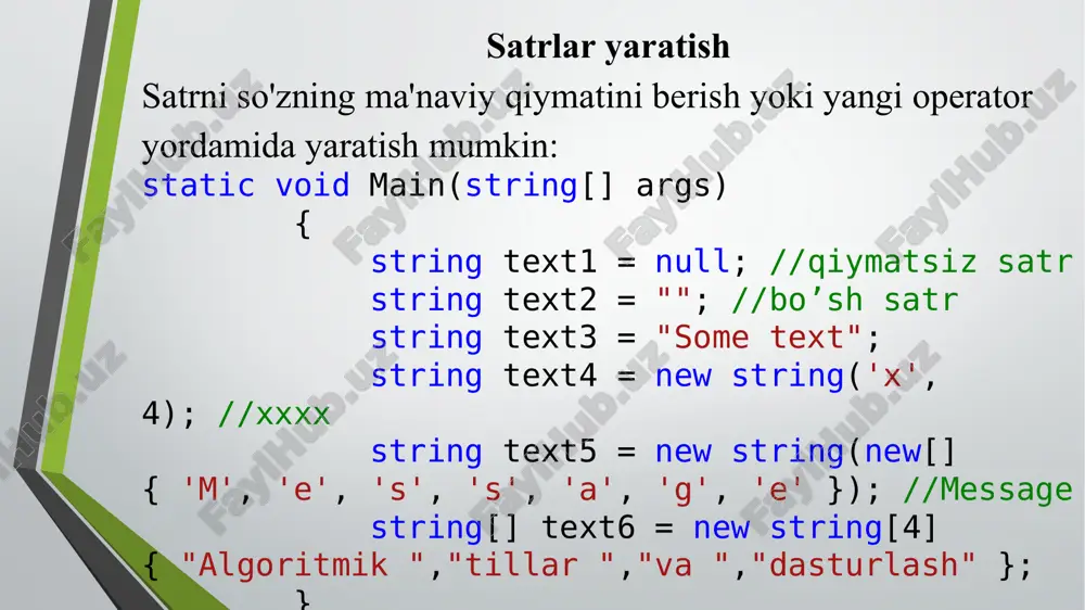 a imkon beradi. static void main(string[] args) { string k = "united kingdom"; var r1 = k.substring(0, 6); //united var r2 = k.substring(7, 4); //king var r3 = k.substring(7); //kingdom } o'zgartirish belgilarni yoki satrning bir qismini almashtirish uchun "almashtirish" usuli qo'llaniladi, chunki u kerakli substringni va uni almashtirish kerak bo'lgan matnni qabul qiladi (operatsiyaning o'xshashligi matn muharririda topiladi va o'zgartiriladi): // so'zni almashtiring string n = "united states"; string m = n.replace("states", "kingdom"); console.writeline(m); //united kingdom // bir nechta belgini almashtirish var f = "2;4;6;8;10"; console.writeline(f.replace(";", ", ")); //2, 4, 6, 8, 10 so’z qo’shish insert usuli substringni argument sifatida ko'rsatilgan pozitsiyadan kiritish uchun mo'ljallangan. string v = "some message"; // so'zni qo'shish string p = v.insert(5, "text"); console.writeline(p); //some textmessage // so'zlar orasidagi bo'shliqni joylashtiring console.writeline(p.insert(9, " ")); //some text message o'chirish o'chirish usuli mag'lubiyatning bir qismini olib tashlaydi. o'chirish boshlanadigan pozitsiyani va olib tashlanadigan belgilar sonini argument …