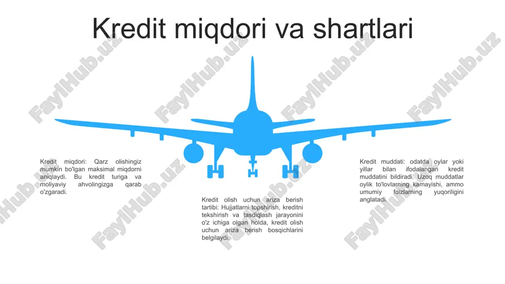 berish jarayoni: davlat kreditini olish uchun jismoniy shaxslar yoki korxonalar shaxsiy va moliyaviy ma'lumotlarni o'z ichiga olgan ariza topshirishlari kerak. ariza kredit bo‘yicha mutaxassis tomonidan ko‘rib chiqilib, arizachining kredit tarixi, daromadi va kreditni to‘lash qobiliyatini baholaydi. kreditni tasdiqlash: ariza ma'qullangandan so'ng, kredit shartlari, jumladan, miqdori, foiz stavkasi va to'lov jadvali yakunlanadi. qarz oluvchi pul mablag'larini olishdan oldin kredit shartnomasini imzolashi va agar kerak bo'lsa, garovni taqdim etishi kerak. 06 05 04 03 02 qarzni kechirish 01 02 qarzni kechirish: - talabalar, agar ular ma'lum davlat xizmati kasblarida ishlayotgan bo'lsalar yoki kam ta'minlangan maktablarda dars bersalar, kreditni kechirish huquqiga ega bo'lishlari mumkin.- dasturlar turlicha bo'ladi, lekin odatda kreditlar kechirilishidan oldin 10 yillik xizmat talab etiladi. davlat kreditini olish tartibi:- talabalar o'z daromadlari yoki oilalari daromadlari asosida davlat kreditiga ariza berishlari mumkin.- ariza belgilangan muddatlarda topshiriladi va qabul qilingan talabalarga kredit beriladi. 03 talabalar uchun kreditni toʻlash rejalari:- bir nechta toʻlov rejalari …
