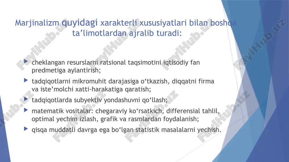 milliy iqtisodiyotning umumiy iqtisodiy matematikm modeli tuzilib, “umumiy iqtisodiy muvozanat tizimi” rasmsi berildi. valras korxonalar va uy xo‘jaliklari o‘rtasida bog‘liqliknitenglamalar tizimi orqali tushintirishga harakat qildi. leon valras (1834-1910) vilfredo paretto vilfredo paretto (1848–1923) valras g‘oyalarini italiyalik iqtisodchi vilfredo paretto (1848- 1923) tomonidan rivojlantirildi. uning asosiy asarlari “siyosiy iqtisod yo‘nalishi” (1896–1897) va “siyosiy iqtisod darsligi” (1900) hisoblanadi. logik-tajriba usuli uning asosiy g‘oyasini tashkil qildi. valrasning nazariyalaridagi “qimmatlilik” mohiyatini paretto “afzallik” tushunchasi bilan almashtirdi. uningcha ba’zi tovarlarning emas, balki ularning yig‘indisining afzalligini solishtirish lozim. bu g‘oya keyinchalik frensis isidro edjuor (1845–1926) tomonidan befarqlilik egri chizig‘ini ilgari surilishiga sabab bo‘ldi. paretto fikricha, iste’molchi uchun iste’mol qilishi mumkin bo‘lgan ikki befarq buyum mavjuddir, ularning iste’moli iste’molchi uchun ehtiyojini qondirishiga olib kelsa bas. zamonaviy iste’molchi xatti-harakati nazariyasi ham aynan parettoning mazkur g‘oyasiga asoslanadi. 4.marjinalizmning anglo-amerika maktabi 1862-yil marjinalizmning ilk g‘oyalari bilan angliyalik uilyam stenli jevons (1835–1882) chiqdi. jevons “siyosiy iqtisod nazariyasi” (1871) va “fan tamoyillari …