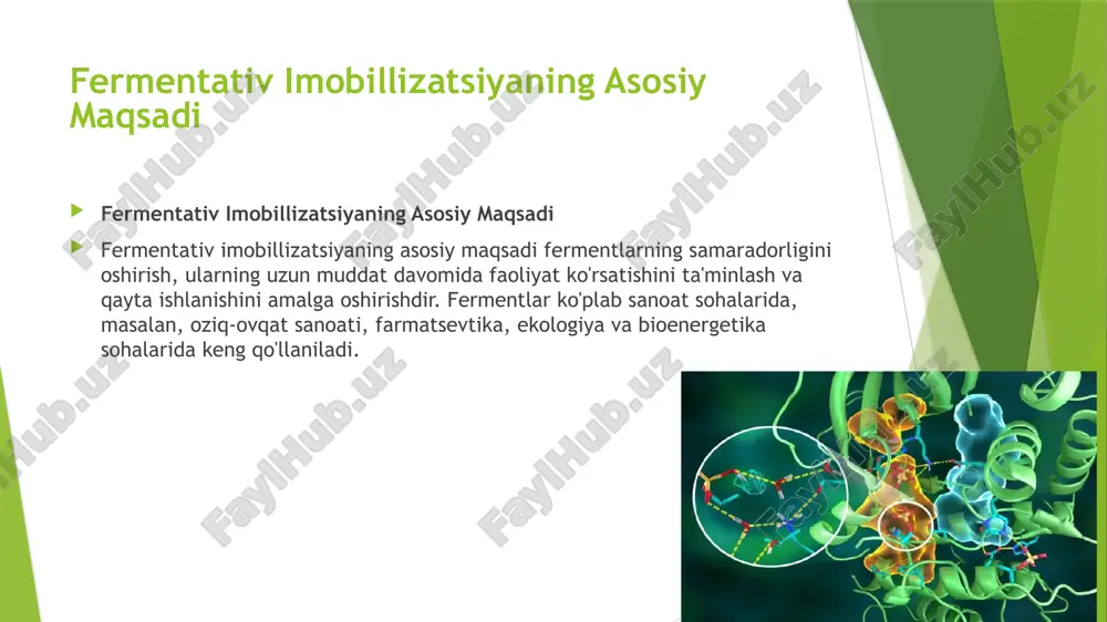 tlar yoki substrat bilan bog'lanadi. bu bog'lanishlar fermentlarning faoliyatini uzoq muddat davomida saqlashga yordam beradi. afzalliklari: fermentlarning faolligi ko'proq saqlanadi va ular uzoq muddat davomida ishlaydi. kamchiliklari: kros-saitish jarayonining nazorat qilish qiyin bo'lishi mumkin. fermentativ imobillizatsiyaning afzalliklari tezligi va samaradorligi oshadi. fermentlarni qayta ishlatish va uzoq muddat davomida ishlatish imkoniyatlari. sanoat jarayonlarida qo'llanishi. fermentativ imobillizatsiyaning kamchiliklari imobillizatsiya jarayoni arzon bo'lmasligi. fermentning faoliyati kamayishi mumkin. tayyorlash jarayonida texnologik qiyinchiliklar. ... t.me/slaydai_bot 1. fermentlarning immobilizatsiyasi usullari fermentlarning immobilizatsiyasi usullari fermentlarni qo‘zg‘almaydigan holatda ushlab turish texnologiyalarini o‘z ichiga oladi. asosiy usullariga kovalent bog‘lash, adsorbsiya, kiritish (entegratsiya) va kovalent kompleks hosil qilish kiradi. kovalent bog‘lashda ferment molekulalari kovalent bog‘lar orqali tashuvchiga o‘rnatiladi. adsorbsiya usulida fermentlar fizik adsorbsiya yoki ion almashinish orqali tashuvchiga bog‘lanadi. kiritish usulida fermentlar jel yoki tolali matritsalar ichiga joylashtiriladi. immobilizatsiya fermentlarni uzoq vaqt davomida qayta ishlatishga imkon beradi va ularning barqarorligi va faoliyat muddatini uzaytiradi. bu usullar sanoat, oziq-ovqat va biotexnologiya …