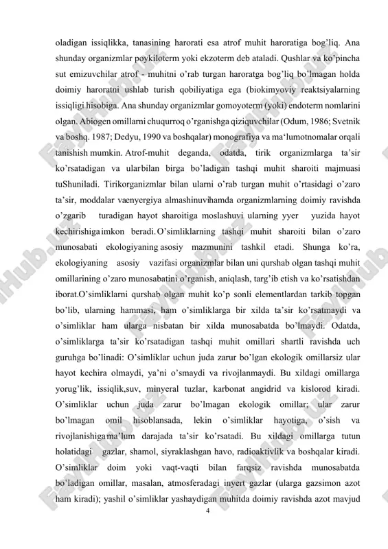 va ko’rsatishdan iborat. o’simliklarni qurshab olgan muhit ko’p sonli elementlardan tarkib topgan bo’lib, ularning hammasi, ham o’simliklarga bir xilda ta’sir ko’rsatmaydi va o’simliklar ham ularga nisbatan bir xilda munosabatda bo’lmaydi. odatda, o’simliklarga ta’sir ko’rsatadigan tashqi muhit omillari shartli ravishda uch guruhga bo’linadi: o’simliklar uchun juda zarur bo’lgan ekologik omillarsiz ular hayot kechira olmaydi, ya’ni o’smaydi va rivojlanmaydi. bu xildagi omillarga yorug’lik, issiqlik,suv, minyeral tuzlar, karbonat angidrid va kislorod kiradi. o’simliklar uchun juda zarur bo’lmagan ekologik omillar; ular zarur bo’lmagan omil hisoblansada, lekin o’simliklar hayotiga, o’sish va rivojlanishiga ma’lum darajada ta’sir ko’rsatadi. bu xildagi omillarga tutun holatidagi gazlar, shamol, siyraklashgan havo, radioaktivlik va boshqalar kiradi. o’simliklar doim yoki vaqt-vaqti bilan farqsiz ravishda munosabatda bo’ladigan omillar, masalan, atmosferadagi inyert gazlar (ularga gazsimon azot ham kiradi); yashil o’simliklar yashaydigan muhitda doimiy ravishda azot mavjud bo’ladi, u o’simliklarga ta’sir ko’rsatmaydi, ta’sir ko’rsatganda ham u sezilmaydigan darajada bo’ladi. lekin muhitning ayrim elementlari ba’zi o’simliklar uchun …