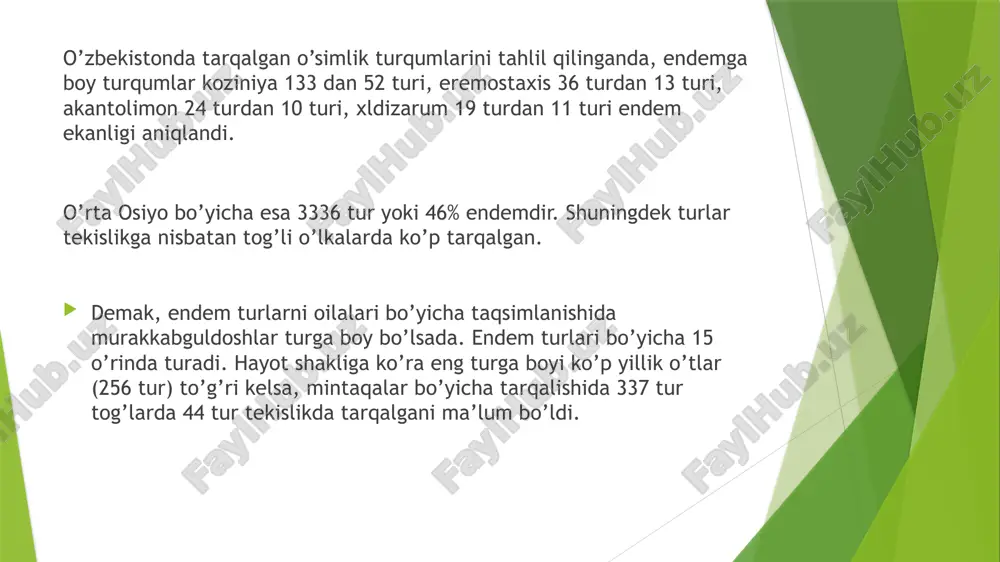 o’pchilik turlari o’rta osiyo uchun endem hisoblanadi. bunga hyech qanday shubha bo’lishi mumkin emas. chunki, o’zbekiston floristik nuqtai nazardan yondoshiladigan bo’lsa, u o’rta tojiboyev k.sh. chodaksoy havzasining o’simliklar qoplami va otloqlari. toshkent, 2006. 2. to”xtayev a., hamidov a., fayziyev a. "botanikadan o"quv – dala praktikasi" toshkent, "o" qituvchi" 1998. 3. tojiboev k.sh. flora yugo-zapadnogo tyan-shanya. tashkent, fan, 2010. 4. «flora uzbekistana» 1-6 t. t. 1941-1962 gg 5. xolikov s., pratov u., fayzoev a. "usimliklar aniklagichi" toshkent, "ukituvchi", 1995. 6. x,amidov a., nabiev m., odilov t. "uzbekiston usimliklari aniklagichi" toshkent . "ukituvchi" 1997. image1.jpeg /docprops/thumbnail.jpeg