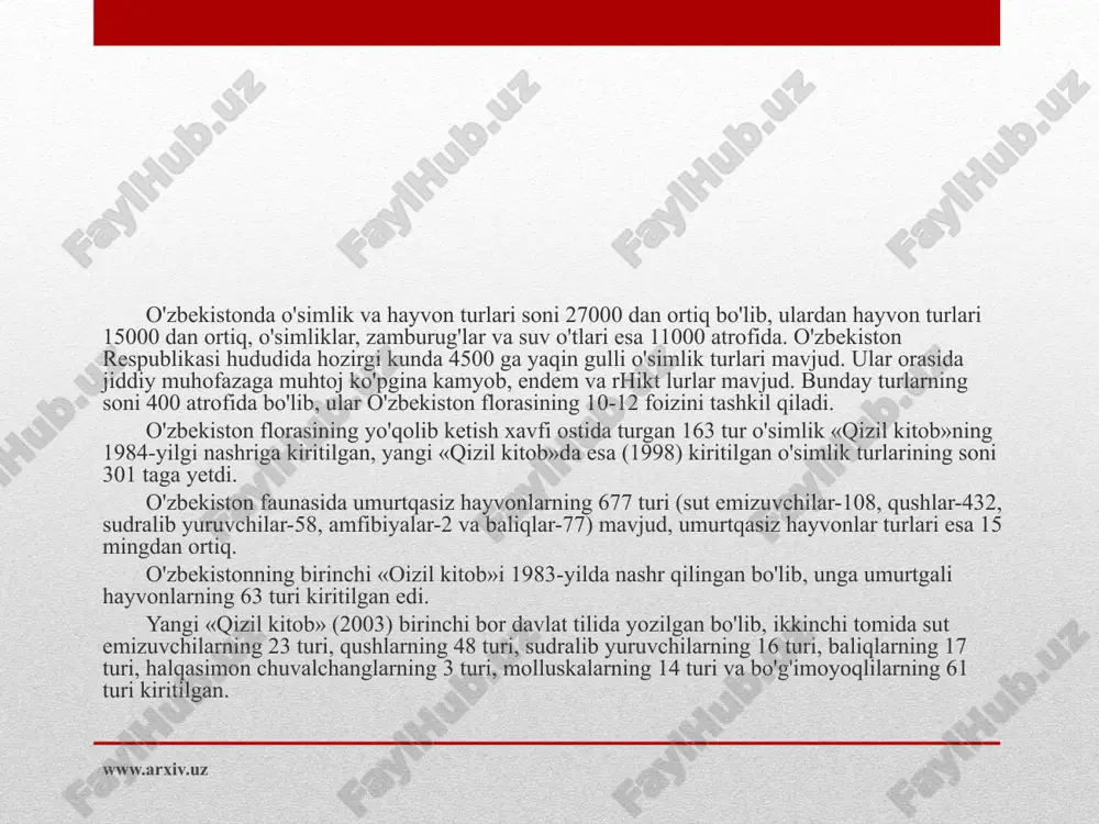 ga yoki antropogen omillari ta'siri ostida qisqarib ketayotgan turlar kiradi. mazkur risolaga samarqand viloyati hududida uchraydigan va o'zbekiston respublikasi «qizil kitob»iga kiritilgan noyob va yo'qolib borayotgan, inson muhofazasiga muhtoj o'simlik va hayvon turlari to'g'risidagi ma"lumotlar matnlari o'zgartirishlarsiz kiritildi. o'zbekistonning tabiiy sharoitlari rang-barang (har xil tipdagi cho'llar, adirlar, o'rmonlar, madaniy landshaftlar) bo'lganligi tufayli o'simlik va hayvonot olami ham xilma-xildir. respublikamizda o'simliklar va hayvonot dunyosini asrab-avaylash borasida bir qancha ishlar amalgam oshirilmoqda. jumladan 1997-yilning 26-dekabrida o'zbekiston respublikasi oliy majlisi tomonidan «orsimlik dunyosini muhofaza qilish va undan ratsional foydalanish» va «hayvonlar dunyosini muhofaza qilish va undan ratsional foyda!anish» qonunlari qabul qilindi. tabiiy xilma-xillikni asrash dastlab uni chuqur bilishdan boshlanadi. shunday ekan, respublikamizda uchraydigan va o'zbekiston respublikasi «qizil kitobi»ga kiritilgan o'simlik va hayvon turlari to'g'risidagi ma"lumotlar ko'pchilik tabiatni sevuvchi yurtdoshlarimizni albatta, qiziqtirishi, shubhasiz. www.arxiv.uz adabiyotlar ro`yxati: 1. karimov i. a. «o`zbekiston xxi asr bo`saasida: xavfsizlikka tahdid, barqarorlik shartlari va taraqqiyot kafolatlari» toshkent. o`zbekiston, 1997. …