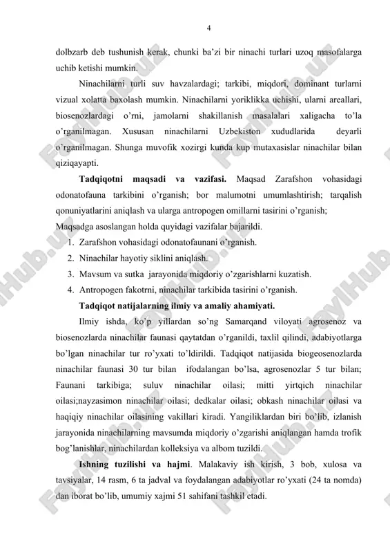 iborat bo’lib, umumiy xajmi 51 sahifani tashkil etadi. 2. adabiyotlar sharhi ninachilar keng tarqalgan bo’lib, chuchuk suv havzalar bor joylarda uchraydi, chunki ular lichinkalik davrida suvda hayot kechiradi. ayrim ninachilar, suv havzalaridan ancha uzoqqa uchib ketishi mumkin, ba’zi turlari uzoq masofalarni bosib, yangi joylarga gala-gala bo’lib kuchadi, ninachilarning 4500 dan ortiq turlari ma’lum, 165 turi mdx hududlarida tarqalgan. tropik mintaqalarda, joylashgan hududlarda, turlar soni ko’p; shimolga qarab ko’tarilish bilan turlar soni kamayadi. o’rta osiyoda uchraydigan ninachilar, asosan lyutkalar, strelkalar, krasotkalar, dedkalar va oddiy ninachilar oilasini vakillari uchraydi. maxsus tadqiqot tarixiga xronologik jihatdan nazar tashlaydigan bo’lsak, zarafshon vohasi ninachilar faunasini o’rganishda naturalist a.p.fedchenko asos solgan. u 1868-1871 yillar mobaynida zarafshon vohasi bo’ylab, shuningdek janubiy qizil kum hududlaridan 17 ming dona hasharotlar terib kolleksiya tuzdi. bu kolleksiya ichida bir necha tur ninachilar ham bo’lgan. fedchenko birinchi bo’lib, turkiston o’lkasi bo’yicha yangi tur hasharotlarni ta’rifi, ularni ekosistemalardagi o’rni, tarqalishi to’g’risidagi malumotlarni «puteshestvie v …