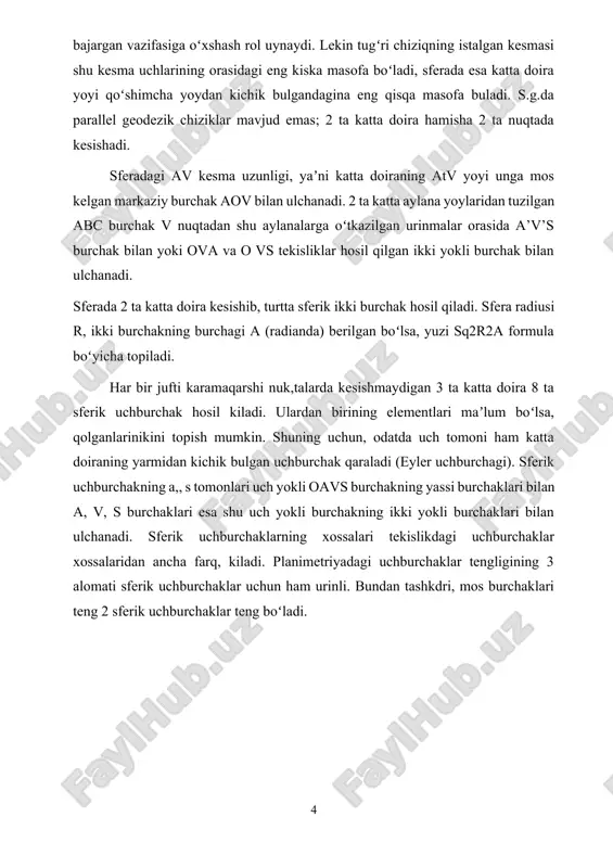 mumkinki, va uchburchaklar teng ekan yoki ekanligini topamiz. va nuqtalar sohaning ixtiyoriy nuqtalari ekanligi uchun aylana tarifiga asosan soha aylana bo’ladi. teorema isbotlandi. natija 1. sfera markazidan aylana markaziga tushirilgan chiziq aylana tekisligiga perpendikulyar bo’ladi. natija 2. sfera markazidan bir xil masofada o’tgan tekisliklar orqali teng aylanalar hosil bo’ladi. sfera markaziga yaqinroq masofada o’tgan tekislik kattaroq aylana hosil qiladi. ta’rif 1.2. sfera markazidan o’tuvchi tekislik hosil qilgan aylana kata aylana deyiladi. sfera markazidan o’tmaydigan aylana esa kichik aylana hosil qiladi. ta’rif 1.3. sferadagi katta aylanaga perpendikulyar diametri sferaning o’qi deyiladi. uning sferadagi uchlari bo’lgan va nuqtalar shu katta aylananing qutb nuqtalari deyiladi. natija 1. sferadagi parallel aylanalar bir xil qutblarga ega. natija 2. sferadagi barcha kata aylanalr o’zoro teng. natija 3. har qanday kata aylana sferani teng ikkiga bo’ladi. natija 4. ixtiyoriy ikkita kata aylanalar bir-birini kesadi. natija 5. agar ixtiyoriy ikkita kata aylanalardan o’tgan tekisliklar o’zoro perpendikulyar bo’lsa, ushbu …