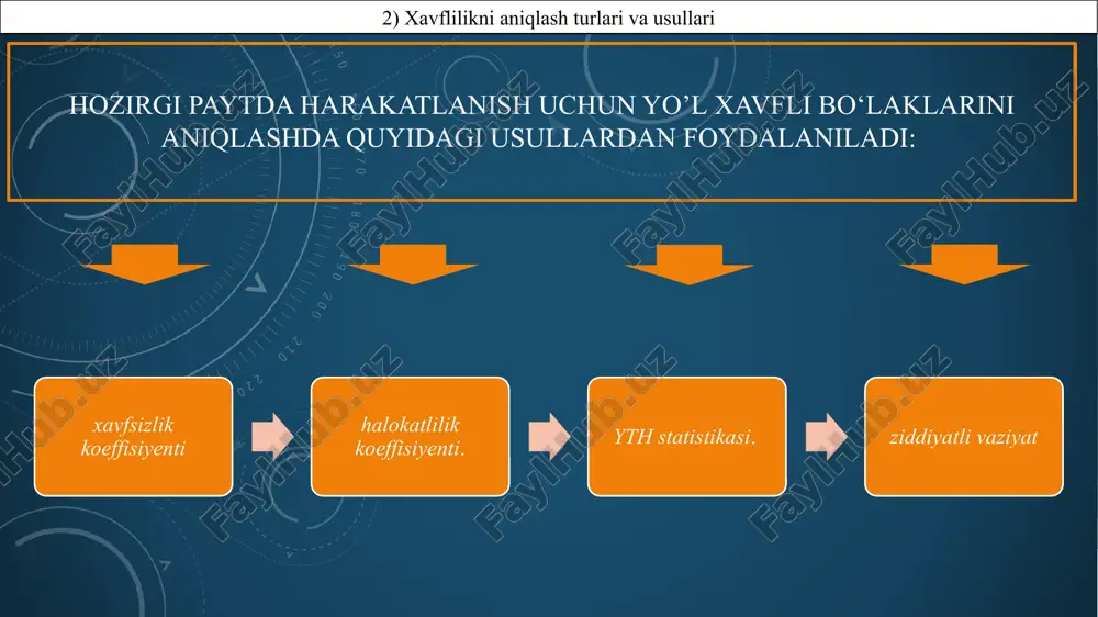 aniqlash turlari va usullari 1) mahsulot sifati haqida tushuncha 2) xavflilikni aniqlash turlari va usullari kuzatish tartibi. kuzatishni harakat miqdori eng katta qiymatga ega bo‘lgan soatda quyidagi usullardan foydalangan holda olib boriladi: transport oqimiga qo‘shilib harakatlanuvchi avtomobil laboratoriyada ko‘p marotaba (6–10 marta) tekshirilayotgan avtomobil yo‘lining bo‘lagidan o‘tish. bunda kuzatuvchilar haydovchining keskin tormoz berish, harakat yo‘nalishini o‘zgartirish va boshqa ythning oldini olish uchun bajargan harakatlarining joylarini hisobga olib boradilar ythning vujudga kelish ehtimoli bor joylarda (bir sathdagi kesishmalar, temir yo‘l kesishmalari, rejadagi kichik radiusli egriliklar va h.k. yaqinida), yo‘l bo‘yicha joylashgan postlarda kuzatuvchilar yordamida harakatdagi keskin o‘zgarishlarni o‘lchab borish harakatlanuvchi laboratoriya avtomobilida o‘rnatilgan datchiklar yordamida yo‘l bo‘yicha tezlikning va yo‘nalishlarning o‘zgarishini «samopises»larda yozib borish. ziddiyatli vaziyat darajasi. ziddiyatli vaziyat o‘zining xavflilik darajasi bo‘yicha uch turga bo‘linadi: yengil, o‘rtacha va kritik. 2) raqobatbardoshlilik tushunchasi va unga ta’sir etuvchi omillar 2) xavflilikni aniqlash turlari va usullari yengil – haydovchi uzoq masofadan ziddiyatli nuqtaga …