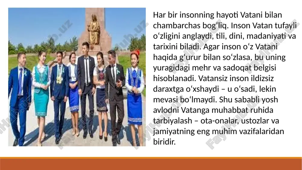 en vatanning munosib fuqarosiman” degan so‘z — bu oddiy shior emas, balki hayotiy e’tiqoddir. har birimiz vatanimizni sevib, uning ravnaqi uchun mehnat qilsak, jamiyatimiz yanada kuchli, tinch va farovon bo‘ladi. kelajak avlod bizdan ibrat olib, yurtni yanada yuksak cho‘qqilarga olib chiqadi. shunday ekan, har bir fuqaro o‘z yurti bilan faxrlanishi va unga sodiq bo‘lishi zarur. image2.jpeg image3.png image4.png image5.png image6.png image7.png image8.png image9.png image10.png image11.png image12.png /docprops/thumbnail.jpeg