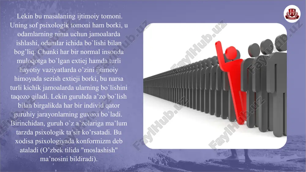 i va ichki konformizm) asosiy xavfi: yolg'on e'tiqodni qabul qilish; ko'pchilikning mumkin bo'lgan hukm qilish ehtimolidan bexabar qo'rquvi; dunyoning xayoliy ko'rinishi soxta qadriyatlar yaratadi. konformizmdan qanday qutulish mumkin? konformizmning asosiy muammo shundaki, bunday keng tarqalgan, insoniy irodani bartaraf etish juda qiyin. jamiyatga qaramlik va uning axloqiy poydevorlariga qarshi kurash chuqur o'zlikni anglash bilan boshlanadi: 13 mustaqil shaxs sifatida o'zini tanitishi; hayotning barcha jabhalarida o'z erkinligini anglash; har qanday jamiyatda o'z huquqlarini tushunish. 14 guruh normalari ta'sir o'tkazish usuli sifatida guruhning o'ziga xos me'yorlari, qadriyatlari va qoidalari mavjud. va ushbu guruh qonunlari to'plami qarorlarni qabul qilishga, uning har bir a'zosining xatti-harakatlariga ta'sir qiladi. yaqinda guruhga qo'shilgan odamlar buni ayniqsa qattiq his qilishadi. guruh me'yorlariga rioya qilganlar uchun mukofotlar beriladi, ular turli shakllarda ham ifodalanishi mumkin. ular moddiy yoki psixologik bo'lishi mumkin. mehnat jamoasida ular lavozimdan ko'tarilishlari mumkin, do'stlar davrasida ular iliq munosabat va ma'qullikni namoyish qilishlari mumkin. birinchi marotaba ma'lum bir …