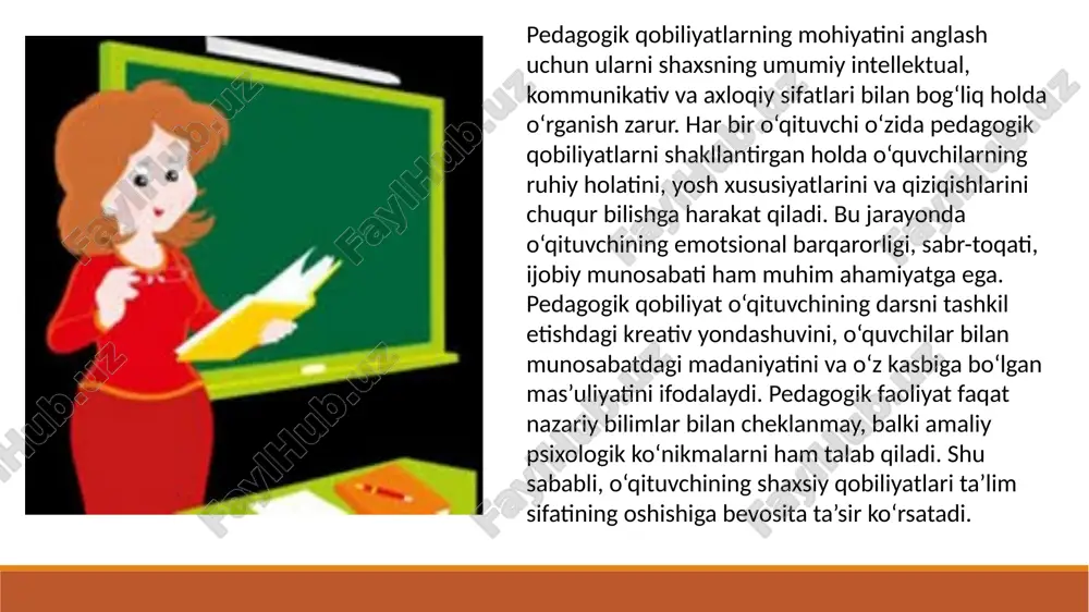 rur. pedagogik qobiliyatlar nafaqat o‘qituvchining samarali ishlashini, balki o‘quvchilarning intellektual va ma’naviy o‘sishini ham ta’minlaydi. shu bois, pedagog o‘z kasbiga fidokorlik bilan yondashib, doimo yangilik izlab yashasa, u haqiqiy ta’lim yetakchisiga aylanadi. pedagogik qobiliyatlar — bu o‘qituvchining yuragidagi mehr, bilimdagi kuch va shaxsiy fazilatlar uyg‘unligidir. image2.png image3.png image4.png image5.png image6.png image7.png image8.png /docprops/thumbnail.jpeg