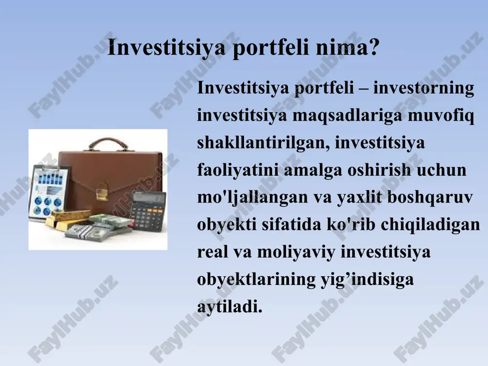 bo’ladi. investorlarning riskka moyilligiga qarab investitsiya portfellarining tasnifi shartli ravishda quyidagicha ko'rsatilishi mumkin: investorning turi investorning maqsadi risk darajasi portfel turi konservativ inflyatsiyadan himoya qilish past yuqori ishonchli, past daromadli portfel o’rtacha agressiv kapitalni uzoq muddatli istiqbolda o’stirish o’rta diversifikatsiyalangan portfel agressiv kapitalni qisqa muddatda o’stirish baland riskli, yuqori daromadli portfel investisiya portfelini shakllantirish o‘z ichiga investorning moliyaviy maqsadlariga erishishi uchun kerakli aktivlar to‘plamini yaratish jarayonini oladi. bu jarayonni bir necha bosqichlarga bo‘lish mumkin: 1) investisiya maqsadini va investisiyalash strategiyasini belgilash; 2) investitsiya portfeli risklarini baholash; 3) bozorni va aktivlarni (aksiyalar, obligatsiyalar, ko‘chmas mulk va boshqa aktivlar) tahlil qilish; 4) portfelni diversifikatsiya qilish; 5) portfelni shakllantirish: 6) monitoring (portfelning samaradorligini muntazam kuzatish va investisiya strategiyasini zamonga mos ravishda o‘zgartirish va talabga muvofiqlashtirish); 7) moliyaviy maqsadlarga javob beratigan samaradorlikka erishish. ushbu bosqichlar investisiya portfelini samarali va maqsadli ravishda shakllantirishga yordam beradi. * portfel samaradorligini baholashda bir nechta asosiy mezonlardan foydalaniladi, ya’ni …
