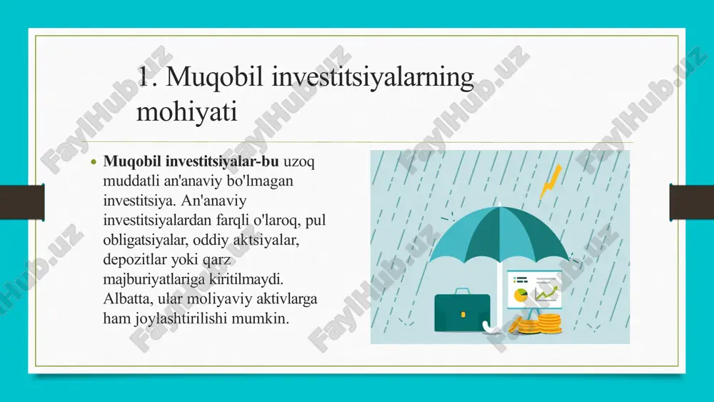 chalarining yo'qligi. yuqori narx chegarasi. muqobil investitsiyalarning iqtisodiy mohiyati bir necha asosiy omillar bilan belgilanadi: 1. diversifikatsiya imkoniyati. muqobil aktivlar ko‘pincha an’anaviy moliya bozorlaridan mustaqil harakat qilgani sababli, ular sarmoya portfelining xavf darajasini pasaytiradi. 2. yuqori daromad potensiali. ba’zi muqobil investitsiyalar, masalan, startap loyihalar, katta foyda olib kelishi mumkin. 3. inflyatsiyaga qarshi himoya. oltin, ko‘chmas mulk va boshqa moddiy aktivlar inflyatsiya davrida o‘z qiymatini yo‘qotmaydi. 4. real iqtisodiyotga hissa qo‘shish. infratuzilma yoki qishloq xo‘jaligi kabi yo‘nalishlarga sarmoya kiritish orqali iqtisodiyotning real sektorlari rivojlanadi. ammo muqobil investitsiyalar moliyaviy, moddiy, aktivlarga ham kiritilishi mumkin. masalan, bu ko'chmas mulk, san'at asarlari yoki antiqa buyumlar, nishonlar, retro avtomobillar, qimmatbaho kollektsion vinolar, numizmatika buyumlari, zargarlik buyumlari, markalar, noyob kitob nashrlari bo'lishi mumkin. vaqt o'tishi bilan bunday investitsiyalarning ob'ektlari faqat qimmatga tushadi va uzoq muddatli investitsiyalar bilan egasiga munosib foyda keltirishi mumkin. mutaxassislarning fikriga ko'ra, yopiq fondlar turli xil bozor segmentlarida pozitsiyalarni ochish orqali o'z portfelining …