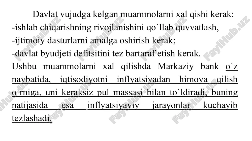 f-xarajatlarini kamaytirishlari mumkin, bu esa narxlarning barqaror bo'lishiga yordam beradi. talab inflyatsiya— bu iqtisodiy jarayon bo'lib, unda narxlarning oshishi talabning taklifdan yuqori bo'lishi sababli yuzaga keladi. boshqacha qilib aytganda, talab inflyatsiyaning oshishi iqtisodda talab ortishi, lekin ishlab chiqarish hajmi va resurslar cheklanganligi sababli narxlarning o'sishiga olib keladi. inflyatsiya talabining sabablari shundan iboratki: -talabning ortishi va iqtisodiyotda mahsulotlar va xizmatlarga bo'lgan talabning yuqoriligi narxlarning oshishiga olib keladi. talabning oshishi ishlab chiqarishni oshirishga yetarli resurslar yetmasligi, yoki iqtisodiyotda umumiy talabning yuqoriligi tufayli bo'lishi mumkin. misol:faraz qilaylik, bir mamlakatda iqtisodiyot o'sib bormoqda va aholi daromadlari ortib bormoqda. bu esa, odamlar ko'proq mahsulotlar va xizmatlarga talab qilishga olib keladi. masalan, aholi ko'proq avtomobillarga talab qila boshlaydi. ammo avtomobil ishlab chiqaruvchilarining resurslari va ishlab chiqarish quvvati cheklangan, shuning uchun ishlab chiqarish miqdori oshmaydi. shu sababli, avtomobilga bo'lgan talab oshsa-da, taklif cheklangan bo'lib, avtomobil narxlari oshadi. bu holat talab inflyatsiyaning oshishi deb ataladi, chunki narxlarning o'sishiga …