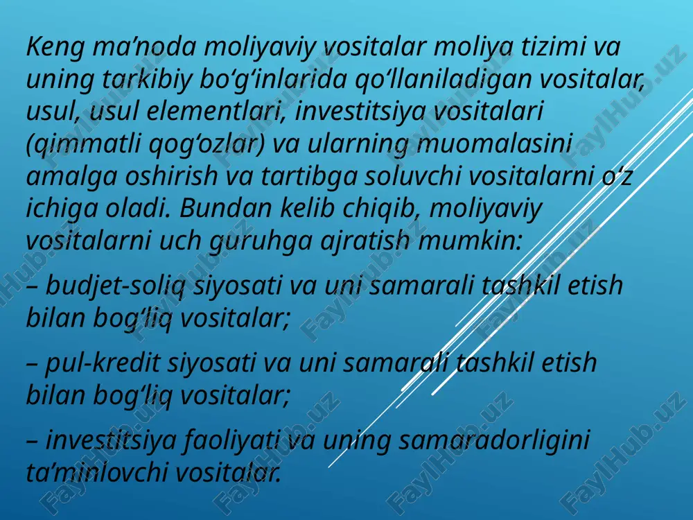 iyaviy instrumentlarning fundamental hossalari ularning parametrlari (sifat ko‘rsatkichlari) orqali ifodalanadi. keltirilgan tasnif hohishga va moliya bozorining hususiyatlariga ko‘ra kengaytirilishi mumkin. munitsipal obligatsiyalar- shahar, mahalliy hokimiyat organlari tomonidan turli loyihalarni moliyalashtirish maqsadida shahar mulkiga qarz shaklida chiqarilgan obligatsiyalar. odatda, kommunal obligatsiyalardan olinadigan daromad davlat va mahalliy soliqlardan ozod qilinadi. munitsipal obligatsiyalarga shtatlar, shaharlar , okruglar , shahar hukumatlari tomonidan chiqarilgan qimmatli qog'ozlar , pullik yo'llar kiradi . korporativ obligatsiya xususiy korxonalarni moliyalashtirish uchun chiqariladi. tijorat banklarining yuqori foizli kreditlarini olish o‘rniga keng aholi uchun daromadli korporativ obligatsiyalarni chiqarish hisobiga xo‘jalik jamiyatining moliyaviy barqarorligini ta’minlashda ulardan foydalanish samarali hisoblanadi. dividend (lot. dividendum — taqsimlanadigan narsa) — aksiyadorlar jamiyati foydasidan aksiya egasiga har yili beriladigan va uning daromadiga aylangan qismi. d. miqdori aksiyadorlar jamiyatining sof foydasi, aksiyalar soni va qiymatiga bogʻliq. d. har yili (soliqlar toʻlanib, i.ch.ni rivojlantirish uchun ajratmalar chiqarilib, zaxiralar toʻldirilgach, obligatsiyalar boʻyicha foizlar va direktorlarga beriladigan mukofot haqi toʻlangandan soʻng) …
