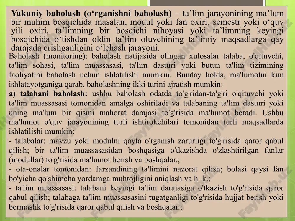 b, keyingi harakatlarni rejalashtirish yoki talabalarni guruhlarga bo'lish. demak, formativ baholash ta’lim beruvchilarga (o‘qituvchilarga) va ta’lim oluvchilarga (talabalarga) asosan jarayonni baholash va lozim o‘rinlarda unga o‘zgartirish kiritish imkonini bersa, xulosalovchi baholash natijani baholash uchun ishlatiladi. shunday qilib, formativ baholash o'qituvchilarga va talabalarga asosan jarayonni baholash va unga kerakli o'zgarishlarni kiritish imkonini beradi, yakuniy baholash esa natijani baholash uchun ishlatiladi. ta'limni baholash-o'quv jarayonida talabalarning tayyorgarligi sifatini baholash. yopiq test-bu taklif qilingan o'zgaruvchan ochilishdan to'g'ri bajarilishi kerak bo'lgan test. ochiq test-bu test topshiruvchidan javobni mustaqil ravishda yaratishni talab qiladigan test (yozish, og'zaki javob berish, bajarish, bajarish va h.k.). normativ test-bu sub'ektning natijalari normalar bilan taqqoslanganda (bir xil yoshdagi yoki bir xil o'quv bosqichidagi sub'ektlarning katta guruhi natijalari). mezonga yo'naltirilgan test-test topshiruvchining natijalari oldindan belgilangan mezonlar bilan taqqoslanadi. ipsativ test-test topshiruvchining natijalari xuddi shu sohani o'lchaydigan oldingi testlari bilan taqqoslanadi. muvaffaqiyat testlari sub'ektlarning ma'lum bir o'quv materialini o'zlashtirishini baholash uchun ishlatiladi va test …