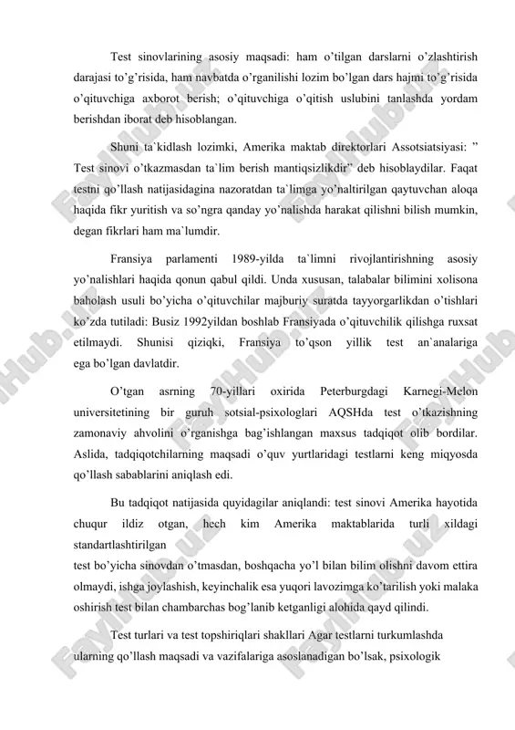 bilimlarning chuqurligini aniqlash bo’yicha topshiriqlari; sonni to’ldirishga mo’ljallangan topshiriqlar, bunda sonlar seriyasini topish usulini aniqlash va uni muayyan tartibda belgilash talab qilinadi; -qarama-qarshi munosabatlarni aniqlash testlari; -masalalar echishga qaratilgan (matematik, fizik va b.) topshiriqlar; -chizmalar va sxemalarni tushunishga qaratilgan topshiriqlar; -shakllar nisbatini aniqlashga qaratilgan topshiriqlar; -olingan axborotni o’zlashtirish darajasini aniqlash topshiriqlari; -sinonimlar va antonimlarni farqlashga oid topshiriqlar; -analogiya (aynan o’xshashlik)ga oid topshiriqlar; -o’qilgan matnni tushunishga oid topshiriqlar; -ko’rsatmalarni bajarishga oid topshiriqlar; -bilimdonlikni aniqlashga doir topshiriqlar; -tafakkurni aniqlovchi testlar; -orfografik testlar; -til masalalariga doir topshiriqlar va boshqalar. mutaxassislik (umumtexnik) fanlardan test topshiriqlari tuzishda yopiq (bir yoki bir necha to’g’ri javobli), ochiq, muvofiqlikni va to’g’ri ketmaketlikni aniqlashga oid test topshiriqlaridan foydalanish tavsiya etiladi. bunda bir o’quv maqsadiga erishganlikni turli test topshiriqlari yordamida aniqlash (invariant) testlar tuzish ham maqsadga muvofiqdir. ochiq topshiriqlar. agar test topshirig’i matnida, uning tayanch so’zlari yoki gap tushirib qoldirilgan bo’lsa, bunday topshiriq ochiq (tugallanmagan) test deb ataladi. bu shakldagi …