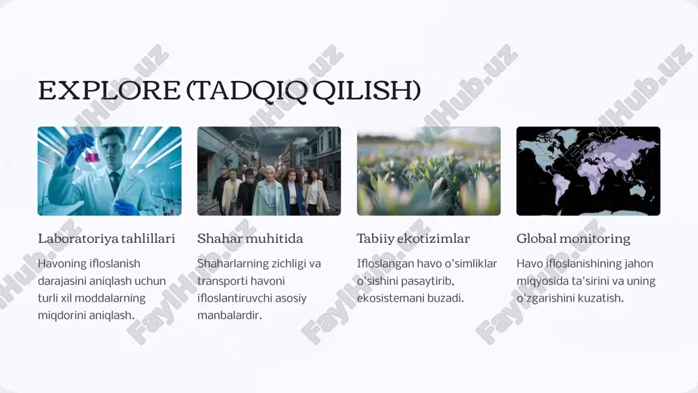 ishini baholash. 12 yashil texnologiyalar va qayta tiklanadigan energiya manbalari yashil texnologiyalar - bu atrof-muhitga minimal taʼsir koʻrsatadigan va tabiiy resurslardan oqilona foydalanishga qaratilgan texnologiyalar. qayta tiklanadigan energiya manbalari - bu quyosh, shamol, suv va geotermal energiya kabi doimiy ravishda tiklanib turadigan energiya manbalari. yashil texnologiyalar va qayta tiklanadigan energiya manbalari havo ifloslanishini kamaytirishga, iqlim oʻzgarishini yumshatishga va barqaror rivojlanishga hissa qoʻshadi. 13 xulosa: havo ifloslanishini kamaytirish uchun kompleks yondashuv havo ifloslanishi bilan kurashish uchun kompleks yondashuv zarur. bu individual va jamoatchilik darajasida chora-tadbirlarni o'z ichiga oladi. 14 image1.png image2.png image3.png image4.png image5.png image6.png image7.png image8.png image9.png image10.png image11.png image12.png image13.png image14.png image15.png image16.png image17.png image18.png image19.png image20.png image21.png image22.png image23.png image24.png