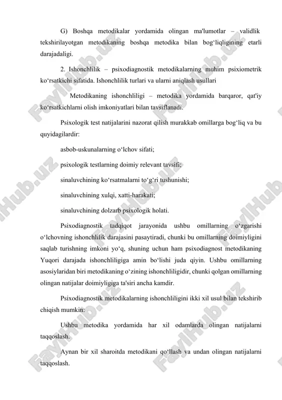inmaydi. masalan, butun tadqiqotda tanlama sinaluvchilarni ikkiga bo‘lish kerak bo‘lsa, u holda qo‘llanilayotgan metodika aynan shunga mos holda bo‘linishi kerak, undan ko‘pga ham, kamga ham emas. agar sinaluvchilar beshta guruhga bo‘linishi shart bo‘lsa, u holda beshta o‘lchov shkalasi bor metodikani qo‘llash maqsadga muvofiq bo‘ladi va ular beshta punktdan iborat bo‘lishi kerak, masalan «ha», «yo‘qdan ko‘ra ha», «yo ha, yo yo‘q», «yo‘q hadan ko‘ra», «yo‘q» shaklida. metodikanig bir sifatliligi ushbu metodika yordamida olingan natijalar qay darajada, aynan bir xususiyatga taalluqli o‘zgarishni o‘lchashi bilan tavsiflanadi. agar o‘rganilayotgan xususiyatlardan olingan ko‘rsatkichlar, ushbu metodika bilan bog‘liq bo‘lmagan boshqa bir xususiyat ko‘rsatkichlarini namoyon qilsa, u holda ushbu metodika bir sifatlilik mezoniga mos bo‘lmaydi. masalan, tadqiqotchini shaxsning xulq motivlarini baholash qiziqtirsa, u sinaluvchining xulq motivlariga taalluqli to‘g‘ridan-to‘g‘ri savollar berishi mumkin, u holda olingan javoblar bir xillik mezoniga mos tushishi kamdan-kam hollarda ro‘y berishi mumkin, chunki sinaluvchi o‘z xulq motivlarini anglagan holda eksperimentatorga xulq motivlarining ijobiy tomonlarini …