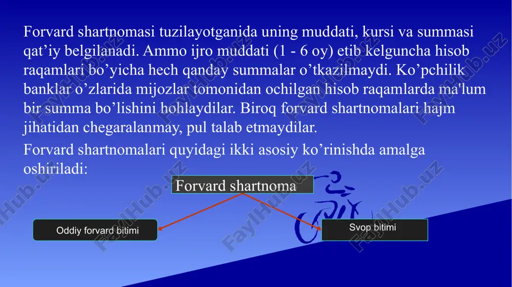 ofotni qo’shish yoki chegirmani ayirish orqali hisoblanadi. xalqaro amaliyotda qabul qilingan klassik uslub bo’yicha forvard punktlari quyidagi tarzda hisoblanadi: foydalanilgan adabiyot 1. o’zbekiston respublikasining “banklar va bank faoliyati to’g’risida” gi qonuni. toshkent, 2019 y. 2. o’zbekiston respublikasining “valyutani tartibga solish to’g’risida” gi qonuni. 2019 y 22 noyabr. 3.tojiev r.r., yakubova sh.sh. «xalqaro valyuta-kredit munosabatlari fanidan masalalar to’plami», t.: tdiu, 2020y. 4.rashidov o.yu. va boshqalar. pul muomalasi, kredit va moliya. darslik. tdiu. 2017. 410 b. e’tiboringiz uchun rahmat image1.png image2.png image3.png /docprops/thumbnail.jpeg