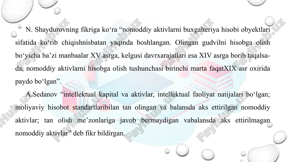 qiymatnitashkil qiladi va uning tarkibiy elementlaridan farq qiladi” m.r. metyus va m.b. pereraning ta’kidlashicha, “nomoddiy aktivlarni aylanma aktivlargakiritish sof aktivlar qiymatini kompaniyaning bozor qiymatiga yaqinlashtiradi, lekin u investitsiyaqilingan kapitalning daromadliligiga ham keskin salbiy ta’sir ko‘rsatishi mumkin”. “nomoddiy aktivlar” tushunchasiga berilgan turli ta’riflar ushbu atamaning talqini bir xil emasligini yaqqolnamoyon etadi. ayrim tadqiqotchilar bu aktivlarning huquqiy tabiatiga urg‘u berib, ularni intellektual mulkkabo‘lgan huquq sifatida izohlashsa, boshqalari ularning iqtisodiy mazmuni va mohiyatini asosiy e’tibor markazigaqo‘yadi. shu bilan birga, nomoddiy aktivlarni xarajatlar shaklida tushunishni qo‘llab-quvvatlovchi yondashuvlarham mavjudligini ta’kidlash mumkin.shu bilan birga, “nomoddiy aktivlarga” 7-son bhmsga ko‘ra, “intellektual mulk obyektlarining boshlang‘ichqiymati ularni yaratish, xarid qilib olish xarajatlari va foydalanish uchun ishga yaroqli holatga keltirish bilanbog‘liq boshqa xarajatlardan tashkil topadi” e’tiboringiz uchun rahmat image4.png image1.png image5.png image6.png image2.png /docprops/thumbnail.jpeg