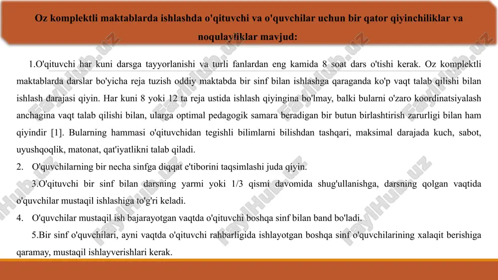 o'quvchiga individual yondashuv ta'minlash imkonini beradi. 04 amaliy mashg'ulotlar matematik tushunchalarni hayotiy misollar orqali tushuntirish. qishloq muhitida mavjud bo'lgan narsalar - don, meva, hayvonlar sonini hisoblash orqali o'qitish. 8 zamonaviy texnologiyalardan foydalanish imkoniyatlari raqamli vositalar hatto cheklangan imkoniyatlarda ham zamonaviy texnologiyalardan foydalanish mumkin. oddiy smartfon yoki planshet orqali matematika o'qitishni yanada samarali qilish mumkin. matematik ilovalar va o'yinlardan foydalanish video darslar va onlayn resurslar virtual laboratoriya va simulyatorlar interaktiv topshiriqlar va testlar internet imkoniyatlari internet mavjud bo'lgan hollarda, onlayn ta'lim platformalaridan foydalanish katta yordam beradi. bu o'quvchilarga qo'shimcha bilim olish va o'qituvchilarga yangi metodlar o'rganish imkoniyatini beradi. "texnologiya - bu oz komplektli maktablardagi ta'lim sifatini oshirishning eng samarali vositalaridan biri" zamonaviy texnologiyalar nafaqat o'qitish jarayonini osonlashtiradi, balki o'quvchilarning qiziqishini ham oshiradi va ularni mustaqil o'rganishga undaydi. 9 o'quvchilarning individual ehtiyojlarini qondirish qobiliyatli o'quvchilar uchun yuqori qobiliyatga ega o'quvchilar uchun qo'shimcha murakkab topshiriqlar va olimpiada masalalari tayyorlash. ularni kichik yoshdagi o'quvchilarga …