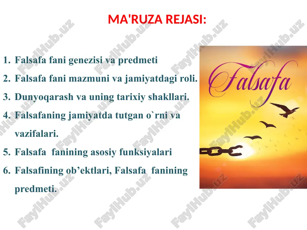 (epistemologik) - ilmiy bilimlarning tushunchalari va nazariy tuzilmalarini asoslash. faylasuflar sokrat parmenid demokrit aflotun arastu diogen pifagor fales mark avreliy evklid, galen ibn rushd abu nasr farobiy abu ali ibn sino abul homid g‘azzoliy abu rayhon beruniy al - ash’ariy moturidiy xakim at-termiziy konfusiy lao-szi al-kindiy umar hayyom benidikt spinoza nisshe foma akvinskiy immanuil kant ogyust kont shiller dante aligere viktor gyugo feyerbax zigmund freyd ibrohim mo‘minov erkin yusupov mustaqil ishlash uchun savol va topshiriqlar: qanday muammolar falsafiy muammolar deb ataladi.? mifologik dunyoqarashning o‘ziga xos jihatlarini ayting. falsafiy dunyoqarashning mifologik va diniy dunyoqarashdan asosiy farqi nimada? falsafa nimani o‘rgatadi? falsafa va fanning o‘zaro nisbati qanday? dunyoqarashning asosiy tarixiy shakllarini ta’riflang. hozirgi kunda falsafa qanday vazifalarni hal qilmoqda? mustaqil ta’lim mavzulari: 1. dunyoqarash va uning shakllari. 2. falsafaning predmeti va uning jamiyatdagi roli. 3. falsafa tarkibiy qismlarining o‘zaro aloqadorligi. 4. falsafaning asosiy funksiyalari. 5. insoniyatning muhim muammolarini hal qilishda falsafaning roli. …