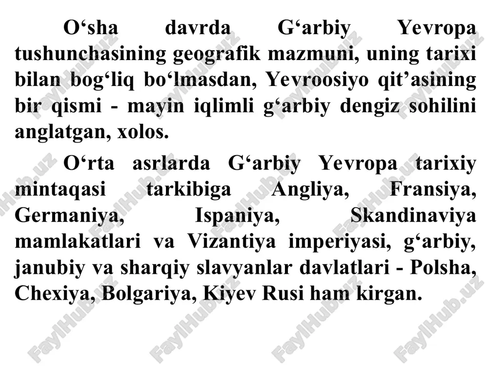 o‘z ichiga oladi. bunga ko‘ra o‘rta asrlar kursi quyidagi 2 ta katta davrga bo‘lib o‘rganiladi: 1. ilk o‘rta asrlar (v-xi asrlar). bu davrda feodal ijtimoiy-iqtisodiy tuzum tashkil topdi. (feodal jamiyatning genezisi(shakllanishi) davri) 2. feodal munosabatlarning rivojlangan (xi-xv) davri. bu davrda feodal ishlab chiqarish, madaniyat, san’at sohasida jiddiy o‘zgarishlar ro‘y berdi. o‘rta asrlar tarixining xronologik chegarasi keng va murakkabdir. biz tarixiy manbalar deb, inson faoliyati va uning ta’sirida yaratilgan barcha narsalar — ashyolar, buyumlar, inshootlarni tushunamiz. shuning uchun tarixiy manbalar rang-barang va cheksizdir. muammo tarixchi olimlar tomonidan ularni o‘rganib, taxlil etish, xolisona baholab, ilmiy adabiyotlar, darsliklarga kiritishidadir. o‘rta asrlar tarixiga oid manbalarni, ulardan olinadigan ijtimoiy ma’lumotlarni qayd etish shakliga ko‘ra beshta turkumga ajratish maqsadga muvofiq bo‘ladi: tabiiy – geografik, ya’ni atrof muhitning landshafti, ob-havosi, tuprog‘i, o‘simliklari va boshqa jihatlariga ko‘ra; etnografik, shu kungacha yetib kelgan urf-odatlar, uy-joylar ko‘rinishi, kiyim-boshlar, ro‘zg‘or buyumlari, folklor jihatlari bo‘yicha; ashyoviy, asosan arxeologiya tomonidan topilgan: uy-joy, mehnat …