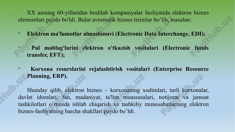 komillashtirish maqsadida aralashishi mumkin;  elektron biznesni boshqarish chora-tadbirlarini ishlab chiqishda davlat hokimiyati internetning o’ziga xosliklarini inobatga olishi lozim;  elektron biznes jarayoni ma’muriy-hududiy bo’linish va davlat chegaralariga bog’liq bo’lmagan ravishda, global masshtabda sodir bo’lishi lozim. elektron biznes afzalliklari:  tashqi bozorga chiqish bilan savdo bozorining kengayishi;  kechayu-kunduz foydalanish imkoniyati;  tashrif buyuruvchilar haqida ma'lumot to'plash imkonini beradigan crm-tizimlar yordamida marketing ma'lumotlarini avtomatlashtirish. elektron biznes kamchiliklari: maxfiylik va xavfsizlik. agar internet-do'kon onlayn operatsiyalarni xavfsiz saqlash uchun barcha xavfsizlik va maxfiylik shartlarini taklif qilmasa, bu muammo bo'lishi mumkin. hech kim ularning shaxsiy va moliyaviy ma'lumotlarini hamma ko'rishini xohlamaydi, shuning uchun sotib olishdan oldin saytni o'rganish juda muhimdir. sifat elektron tijorat butun sotib olish jarayonini osonlashtirganiga qaramay, iste'molchiga mahsulotni uyiga yetkazib berguniga qadar unga tegishi mumkin emas. yashirin xarajatlar. internet orqali sotib olayotganda, iste'molchi mahsulot narxi, yetkazib berish va mumkin bo'lgan soliqlar to'g'risida xabardor, ammo sotib olish fakturasida ko'rsatilmagan, lekin to'lov …