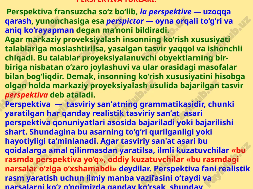 trik apparati va uning asosiy terminlari h – gorizontal tekislik, ya’ni narsalar tekisligi. yer shartli ravishda narsalar tekisligi deb qabul qilingan. k– kartina tekisligi. u har doim h narsalar teklisligiga nisbatan perpendikular yoki qiya olinishi munikin. kartinadagi narsalarning tasviri perspektiv tasvir deb ataladi. yoki qisqacha perspektiva deyiladi. kh –kartina asosi. u kartinaning narsalar tekisligi bilan kesish- gan chizig‘i. s – ko‘rish nuqtasining fazodagi geometrik o‘rni. uning balandligi perspektiv tasvirlar yasovchi (kuzatuvchi)ning qayerdan qarab bajarishiga bog‘liq. s1 –ko‘rish nuqtasi s ning hdagi asosi. 2-savol. perspektiva yasashning geometrik apparati va uning asosiy terminlari p – kartinaning bosh nuqtasi. bu nuqta s ko‘rish nuqtasidan kartinaga o‘tkazilgan perpendikular to‘g‘ri chiziq orqali aniqlanadi. ya’ni s dan k ga o‘tkazilgan perpendikular chiziqning k bilan kesishgan nuqtasidir. u – ufq tekisligi. s ko‘rish nuqtasi orqali k kartinaga per­pendikular qilib o‘tkaziladi. hh –ufq (gorizont) chizig‘i. u ufq tekisligining k bilan o‘zaro kesishgan chizig‘i. sp – bosh yoki distansion …