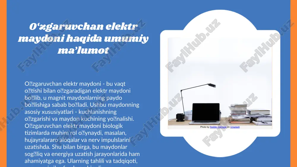 i o‘zgaruvchan elektr maydonlarini diagnostika qilishda bir qator usullar qo‘llaniladi, jumladan, elektrostatik o‘lchovlar, elektromagnit maydonlarni o‘lchash va sensorlar yordamida monitoring. bu usullar maydonning kuch kuchlanishi va uning ta’sir qilish qobiliyatini aniqlashga yordam beradi. olingan natijalar va ularning tahlili diagnostika jarayonida olingan natijalar, o‘zgaruvchan elektr maydonlarining xarakteristikalarini va ularning ta’sirini ko‘rsatadi. tahlil natijalari, shuningdek, muammolarni aniqlash va ularni bartaraf etish uchun zarur bo‘lgan tavsiyalarni taqdim etadi. diagnostika jarayonida o‘zgaruvchan elektr maydonlarining joyi o‘zgaruvchan elektr maydonlari diagnostika jarayonida muhim rol o‘ynaydi, chunki ular o‘lchov natijalarining aniqligi va ishonchliligini ta’minlaydi. bu maydonlar diagnostika jarayonida turli xil signallarni olish va tahlil qilishda yordam beradi. photo by altumcode on unsplash o‘zgaruvchan elektr maydonlarining xavfsizligi ushbu slaydda o‘zgaruvchan elektr maydonlari xavfsizligiga oid asosiy standartlar va me'yorlar ko‘rib chiqiladi. 1. o‘zgaruvchan elektr maydonlari uchun belgilangan xavfsizlik standartlari va qoidalar; 2. bemorlar va tibbiyot xodimlari uchun xavfsizlik choralari; 3. o‘zgaruvchan elektr maydonlarining xavfsizligi bo‘yicha so‘nggi tadqiqotlar natijalari. ushbu …