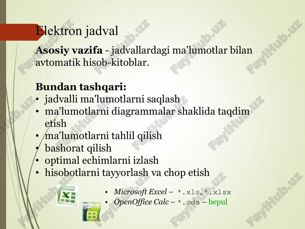 yoki albom ko’rinishida qilishimiz mumkin.  formuli – bu menyuda turli xil formulalarni qo’yishimiz mumkin. bundan tashqari funksiyalar ya’ni, master funksiya ham shu menyuda joylashgan. bu menyu funksiya kutubxonasi hisoblanadi.  danniye – menyusida sahifadagi matnni sartirofka va filtr qilishimiz mumkin. tashqaridan ma’lumot olish yoki berish, struktura tuzishimiz, matnni stolbiklarga joylashtirishimiz mumkin. • retsenzirovaniye – menyusida to’g’ri yozishni, tarjima qilishimiz, o’zgartirishlar kiritishimiz, yangi sahifa ochishimiz mumkin. sahifa va listni quluflab qo’yishimiz mumkin.  vid – ushbu menyu orqali yangi ekran ochishimiz, yozuvlarni yaqinlashtirishimiz, saqlashimiz, ekranni ko’rish rejimini o’zgartirishimiz, ishlayotgan sahifani saqlashimiz mumkin. elektron jadval yacheykalarini formatlash excel elektron jadvali har bir yacheykani har xil ko`rinishda formatlash imkoniyatiga ega. yacheykalar formatlashdan oldin ajratib olinishi kerak. yacheykalarni formatlash «glavnaya» menyusining «yacheyki» kolonkasi yordamida bajariladi. «yacheyki» kolonkasida jaylashgan “format” berilganda, quyidagicha kichik menyu ochiladi: excel oynasida «format yacheek» darchasi ochiladi. bu darcha: chislo, viravnivanie, shrift, granitsa, zalivka va zashita bo`limlaridan iborat. bu bo`limlar …