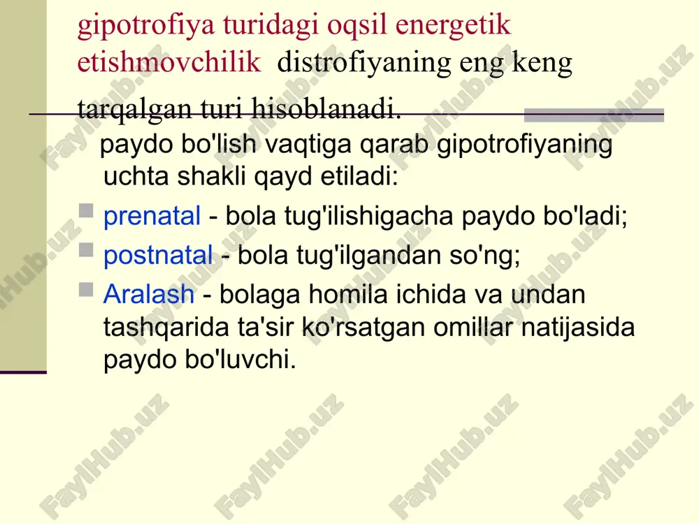 emotsional tonusning nomutanosibligi aniqlanadi, bola bezovta yoki lanj, adinamiya kuzatiladi. katta yoshdagi bolalar hansirash, tez charchash, bosh og'rishidan shikoyat qiladi. tanlangan ishtaha aniqlanadi, ko'p hollarda ishtaha pasayadi. teri qoplamlari oqimtir, bir oz kerikkan, elastikligi pasaygan. teri osti yog' qatlamining yahshi rivojlan- ganligiga qaramasdan to'qimalar turgori va mushak tonusi pasaygan. yog' qavati bir tekisda tarqalmagan, son va qorinda yaqqol rivojlangan. tana vazni va bo'yi yosh parametriga mos keladi yoki undan yuqori, tana tuzilishi disproportsional. gipotrofiyaga o'hshab, oqsil, suv-tuz, vitamin va moddalar almashinuvining boshqa turlari buzilishi yaqqol rivojlangan. atsidoz rivojlanadi. oqsil-energetik etishmovchilik tashhisoti distrofiya tashhisi harakterli klinik simptomlarga asoslanadi, to'qimalar turgori pasayadi, qorinda, qo'l-oyoqlarda va yuzida, keyinchalik teri osti yog' qavatining yo'qolishi yoki qalinligining pasayishi (yoki haddan tashqari va notekis to'planishi), tana vaznining bo'yiga nisbatan orqada qolishi, yuqumli kasalliklar va tashqi muhit turli hil ta'siriga qarshiligi pasayadi. diagnostikasida distrofiya turi ko'rsatiladi va uning yuzaga kelish vaqti tug'ilgan vaqtiga nisbatan (prenatal, postnatal) kelib …