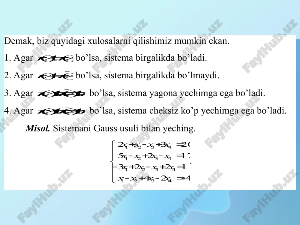 ekan. misol 1. to’rtta mamlakat savdosining strukturaviy m atritsasi                4,02,01,01,0 2,05,03,03,0 2,01,03,04,0 2,02,03,02,0 a budjetlar yig’indisi 12346270xxxx (shartli pul birligi) bo’lsa, har bir mamlakatning budjeti topilsin. dastlab,berilgan struktura viy matritsaning 1 xos songa mos keluvchi xos vektorni topish kerak, ya’ni   0xea tenglamani yechish kerak.                                                0 0 0 0 6,02,01,01,0 2,05,03,03,0 2,01,07,04,0 2,02,03,08,0 4 3 2 1 x x x x . bu sistemaning rangi uchga teng bo’lgani uchun, noma’lu mlardan bittasi erkli o’zgaruvchi va qolganlari shu erkli o’zgaruvchi orqali ifodalanadi. sistem ani gauss usuli bilan yechib, …