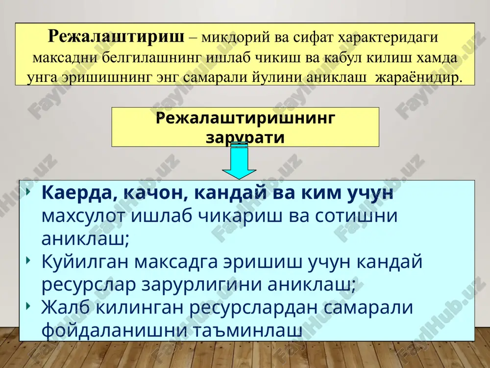 aning namunaviy tuzilmasi titul varagi kirish kismi; tanlangan biznes soxasini xususiyati va xolati; kutilayotgan biznes (loyixa) ning moxiyati; bozor kvotasi va uning xajmini aniklash; asosiy faoliyat rejasi; marketing rejasi; boshkarish (tashkiliy reja); tadbirkorlik tavakkalchiligini baxolash va uni sugurtalash; biznes-rejani moliyaviy bulimi; moliyalashtirish strategiyasi. korxona biznes rejasi – bu ayrim loyixalarni maksadga muvofikligini asoslab beruvchi, muxim kursatkichlarni kontsentratsiyalangan shaklda aks ettiruvchi, korxona faoliyatining kutilayotgan yangi yunalishi moxiyatini anik va kurgazmali kilib ifodalab beruvchi xujjatdir biznes-rejani moliyaviy bulimi biznes rejani amalga amalga oshirish uchun zarur bulgan investitsiyani xajmi va muddatini aniklash; rejalashtirilayotgan foydani yillar (kvartallar) buyicha xisoblash takdim kilingan biznes-reja variantini foydaliligini aniklash va prognozlash; prognoz xisobotlarni tuzish. moliyalashtirish strategiyasi biznes rejani amalga oshirishga kerakli mablag; moliyalashtirish manbai, shakli va dinamikasi; kuyilmani koplash muddati. etiboringiz uchun raxmat! image2.png image1.jpg /docprops/thumbnail.jpeg