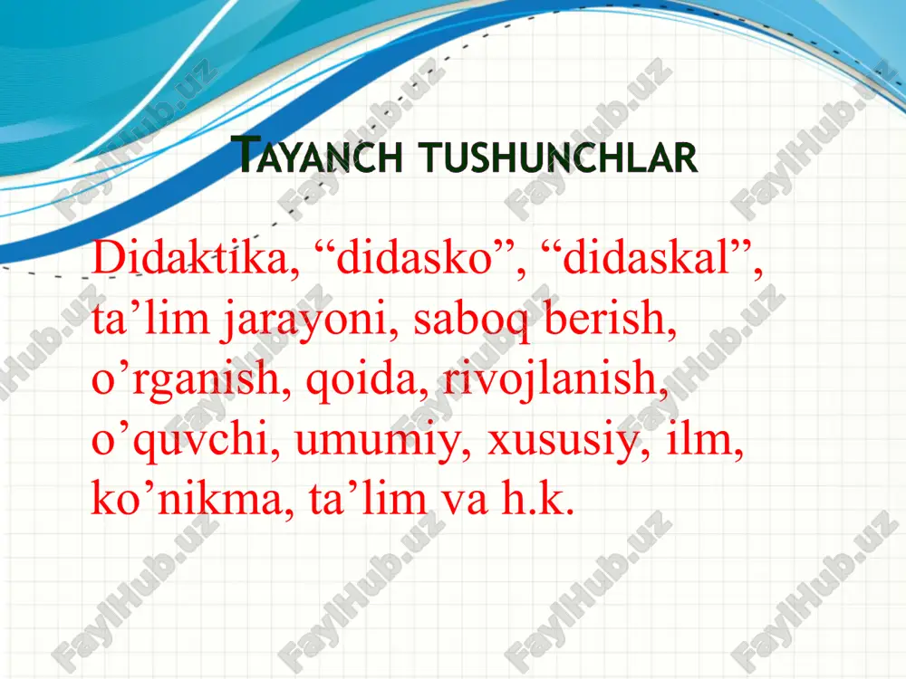 rivojlanishi sodir bo‘lishini ifodalaydi ta’limning tarbiyalash funksiyasi turli ijtimoiy tuzum hamda sharoitda ham yaqqol namoyon bo‘lib, ta’lim mazmuni, shakli va metodlarining mohiyati bilan belgilanadi va o‘qituvchi hamda o‘quvchilar o‘rtasidagi munosabatlarni tashkil etish jarayonida yetakchi o‘rin tutadi 7-ilova bosqichlar rejalashtirish ta’lim jarayonini boshqarish bosqichlari tashkil etish boshqarish (rag‘batlantirish) nazorat natijalarni baholash va tahlil qilish 8-ilova bosqichlar idrok etish bilimlarni egallash bosqichlari o‘quv materialini anglab yetish bilimlarni mustahkamlash bilimlarni amaliyotda qo‘llash ta’lim tamoyillari o‘qitish asosida yotadigan, ta’lim va uni tashkil etish jarayonini tashkil etish mazmuni, shakl, metod va vositalarini tanlanishini belgilaydigan boshlang‘ich asoslardir ta’lim tamoyillari : ta’limning ongli, faollik va mustaqillilik; ta’limning ilmiy, izchil va muntazam bo‘lishi; ta’limda nazariyaning amaliyot bilan birligi; ta’lim va tarbiyaning birligi; ta’limda ko‘rsatmalilik; ta’limni tushunarli, puxta va mustahkam o‘zlashtirish; ta’limda o‘quvchilarning yosh va individual xususiyatlarini hisobga olish hamda ta’limning mos bo‘lish va hokazo qoidalari mavjud. ` 9-ilova “nima uchun?” metodi 10-ilova nima uchun ta’lim bilan tarbiya bir …
