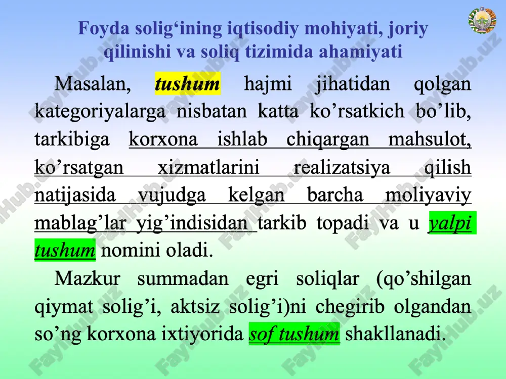 n boshlab esa 9 foiz qilib belgilangan. 2010–2013-yillarda mazkur miqdor saqlab qolindi. 2014-yil 1-yanvardan boshlab yuridik shaxslardan olinadigan foyda solig‘i stavkasi 8 foiz etib belgilandi. 2015-yil 1-yanvardan boshlab mazkur stavka 7,5 foiz miqdorida tasdiqlandi. 2018-yil 1-yanvardan boshlab esa mazkur stavka 14 foiz miqdorida belgilandi. 2019 yilda esa ushbu miqdor 12 foizni tashkil etgan. * foyda solig‘i stavkasining o’zgarish dinamikasi (foizda) foyda solig‘i stavkalari (sk. 337-modda.) soliq kodeksining 337-moddasiga muvofiq foyda solig‘i stavkalari 2022-yil uchun quyidagi miqdorlarda belgilangan: t/r soliq to’lovchilar soliq stavkalari, foizlarda 1 banklar 20 2 quyidagi soliq to’lovchilar: - polietilen granulalar ishlab chiqarishni amalga oshiruvchi; - faoliyatining asosiy turi mobil aloqa xizmatlarini ko’rsatishdan iborat bo’lgan 20 3 o’zi ishlab chiqargan o’z qishloq xo’jaligi mahsulotini realizatsiya qilishdan olingan foyda bo’yicha soliq kodeksi 57-moddasida nazarda tutilgan mezonlarga javob beruvchi qishloq xo’jaligi tovar ishlab chiqaruvchilari va baliq xo’jaligi korxonalari 0 4 ijtimoiy sohada faoliyatni amalga oshiruvchi soliq to’lovchilar 0 5 qo’shimcha …